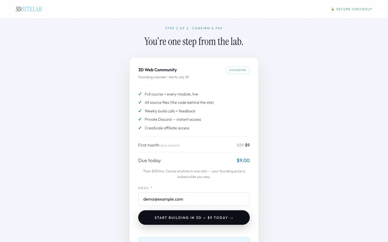 Checkout page, demo data: the email kept from the previous step, the Stripe payment button never clicked.