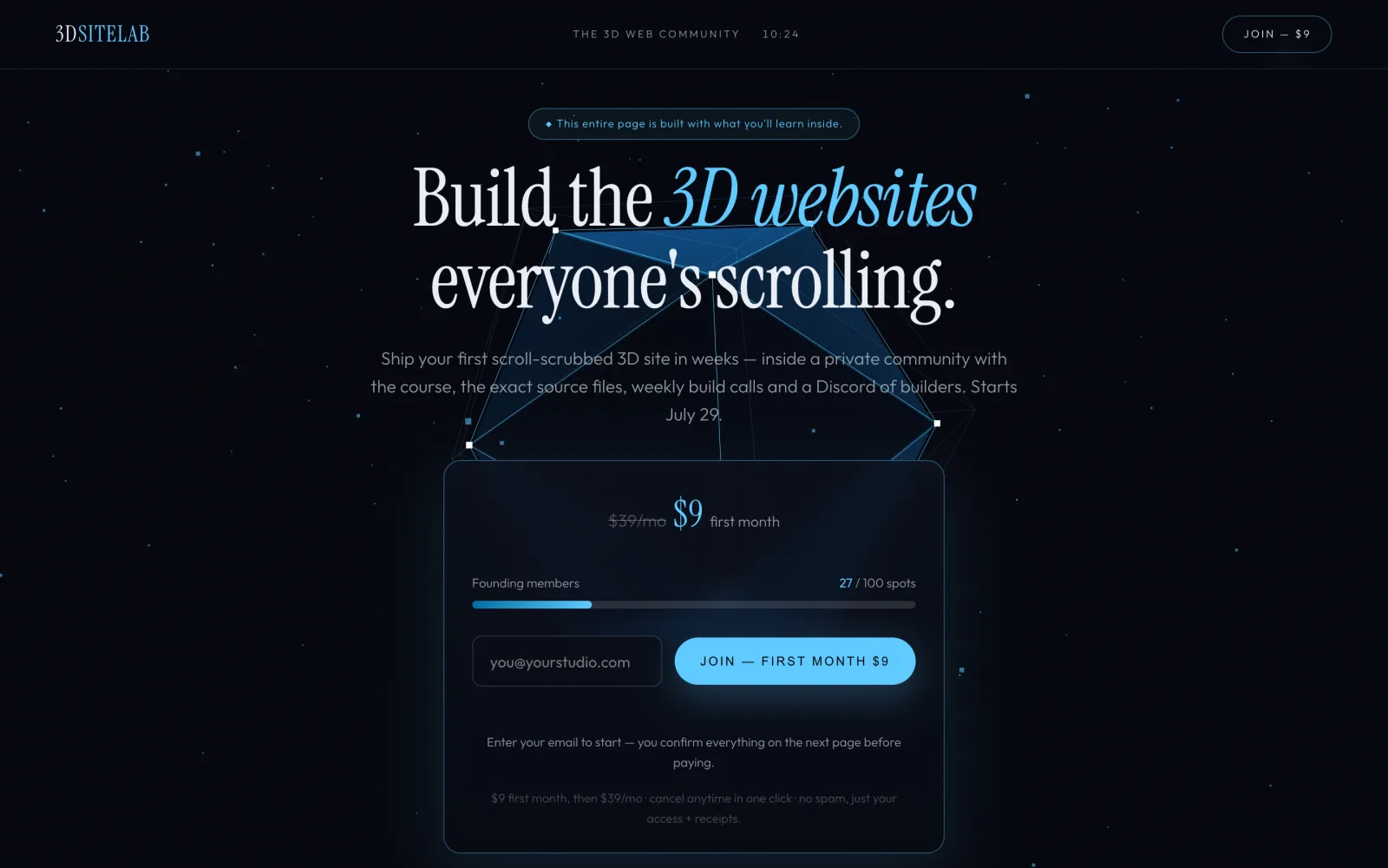 Landing page hero, demo data: the Three.js scene behind the title, the community offer and its email field.