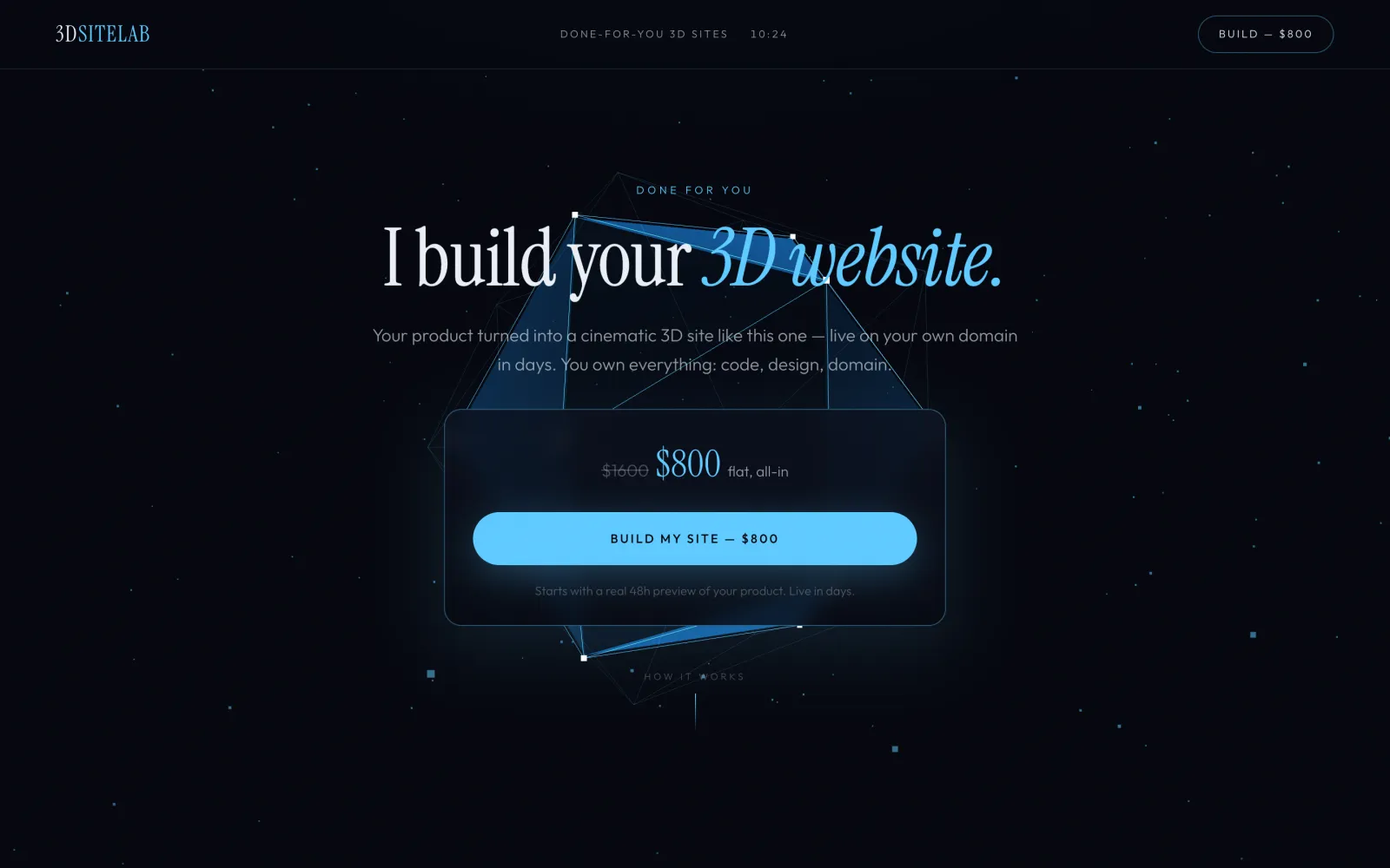 Second funnel, demo data: the done-for-you 3D site page, same scene, its own offer and button.