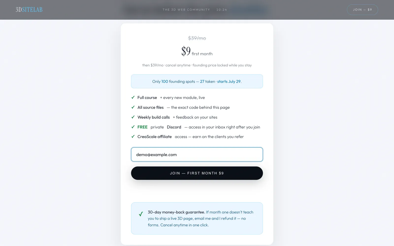 Offer card, demo data: the email typed in the sign-up field before anything is paid.