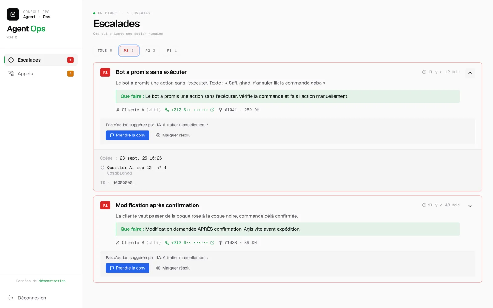 One escalation opened, demo data: the linked order, the delivery address, and the two actions, take over the conversation or mark it resolved.
