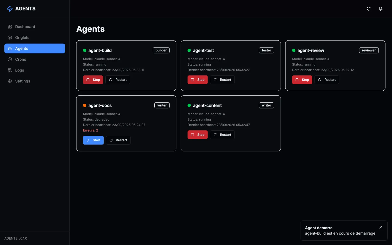 Agents page, demo data: each agent with its model, its status and its last heartbeat; an agent just started from its Start button, its card now shows Stop.