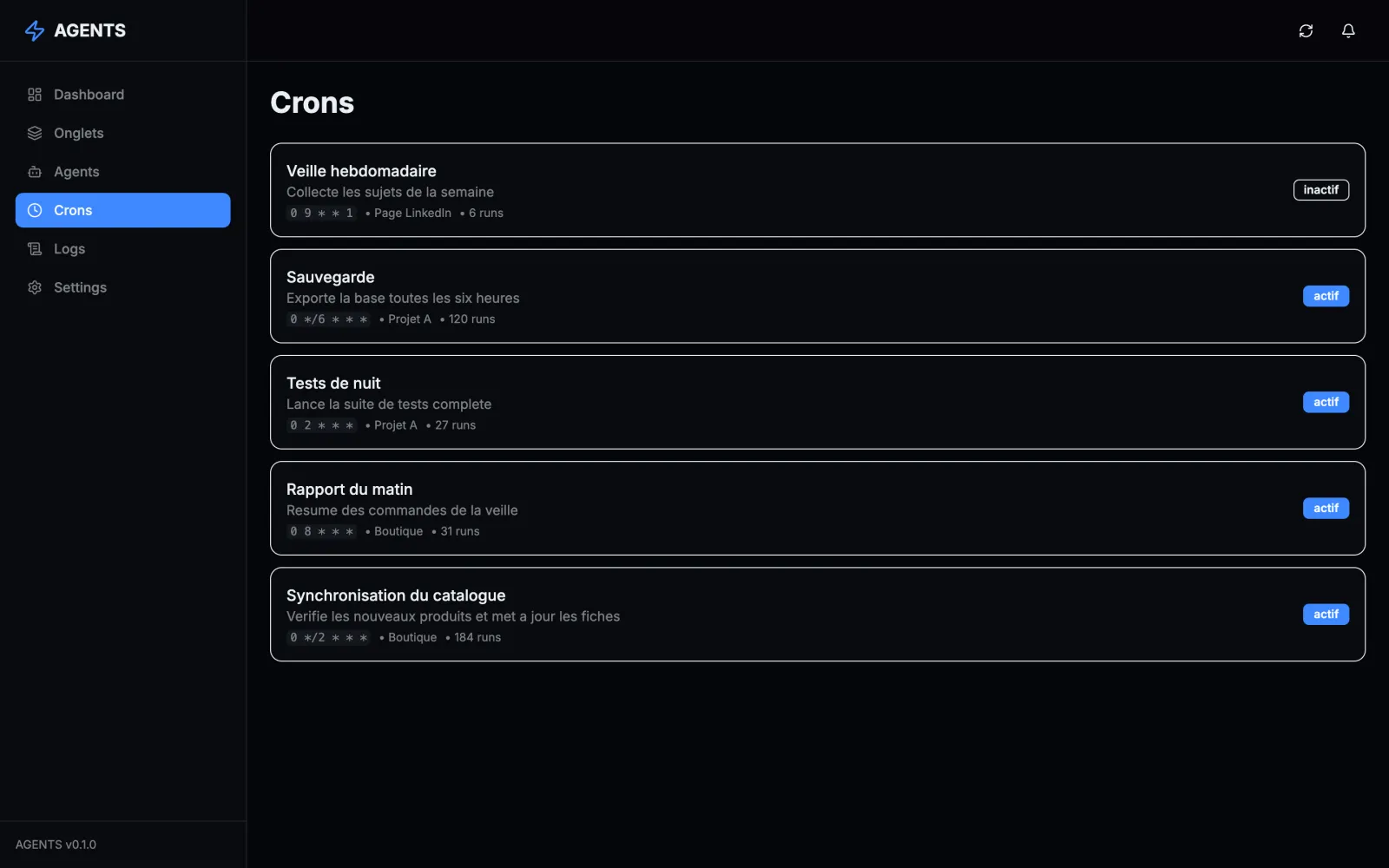 Crons page, demo data: every project’s scheduled jobs with their cron expression, their project and their run count, active or paused.