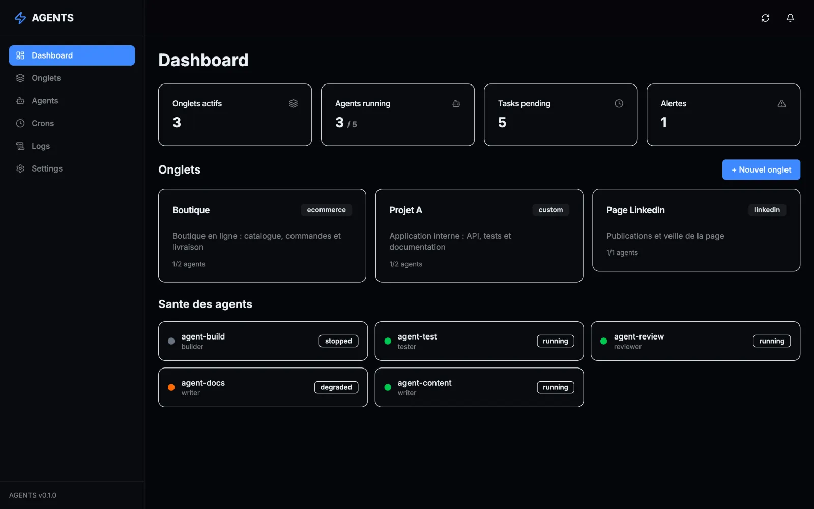 Dashboard, demo data: the counters (active tabs, running agents, pending tasks, alerts), one card per project tab and the health of every agent.