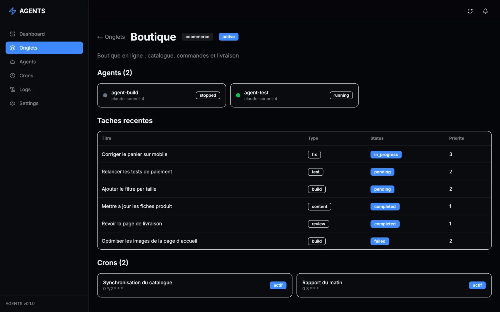 A project tab, demo data: its agents, its recent tasks with type, status and priority, and its crons.