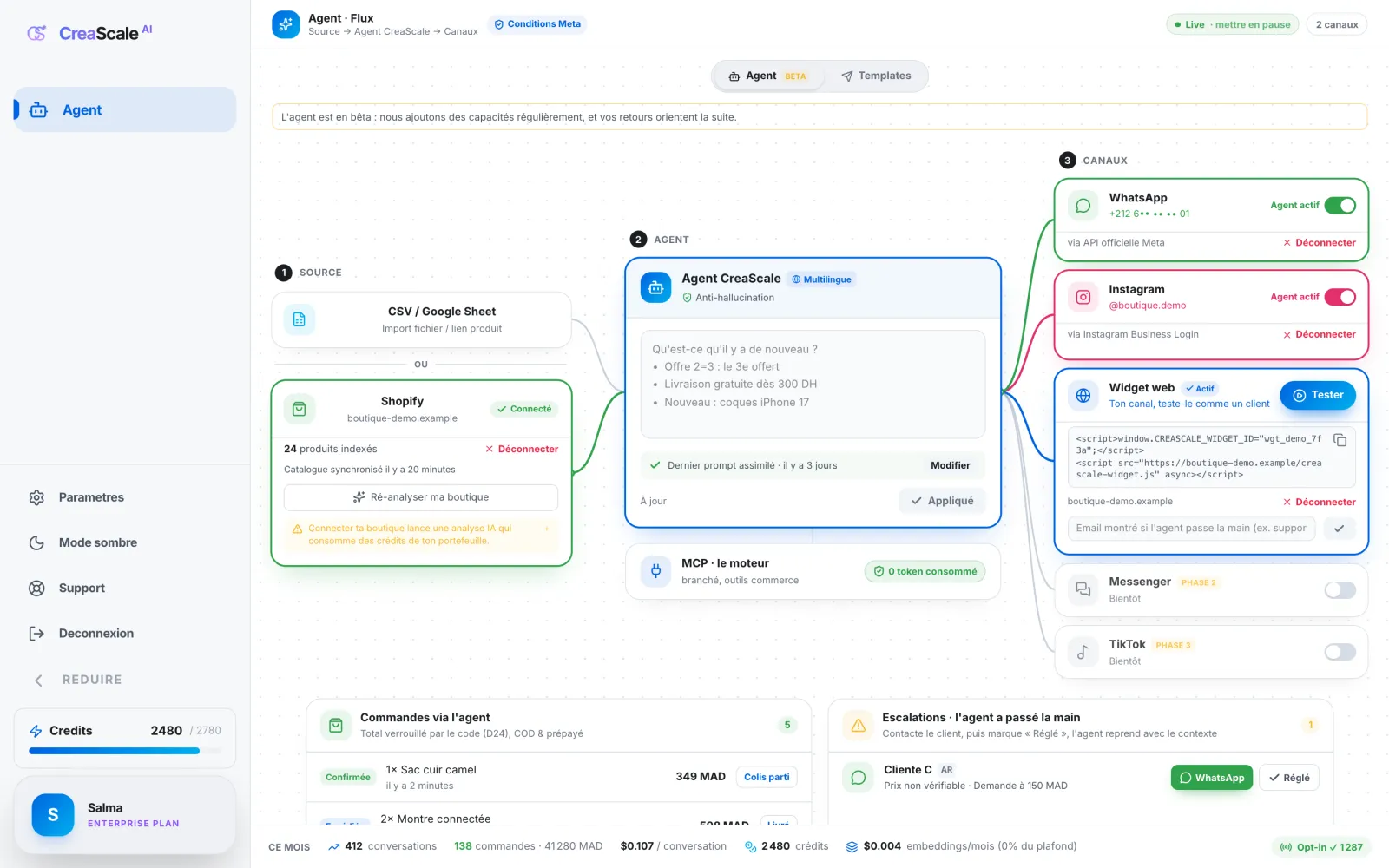 The cockpit, demo data: the Shopify catalogue as source, the agent and its rules, the WhatsApp, Instagram and web widget channels.