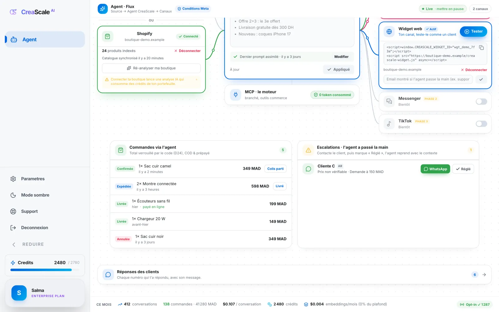 Orders and escalations, demo data: each order created by the agent with its status and total, and the conversation frozen over an unverifiable price.