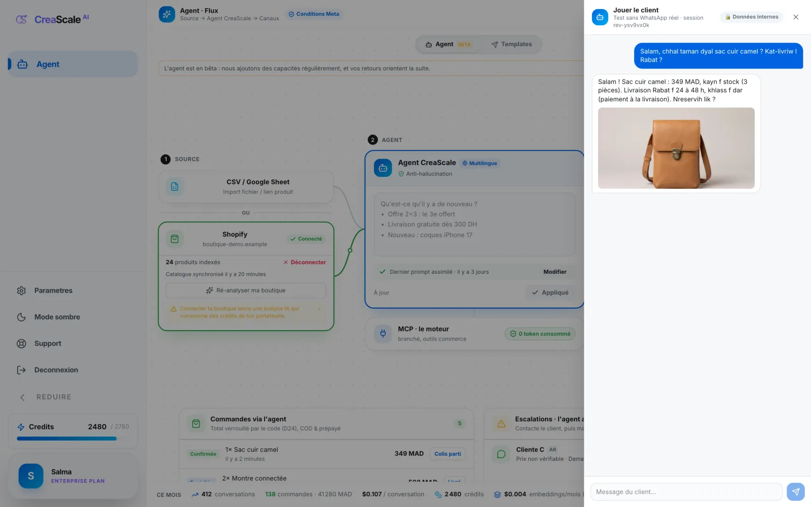 Test chat, demo data: the customer asks the price in Darija, the agent answers with the catalogue price, the stock, the delivery and the product photo.