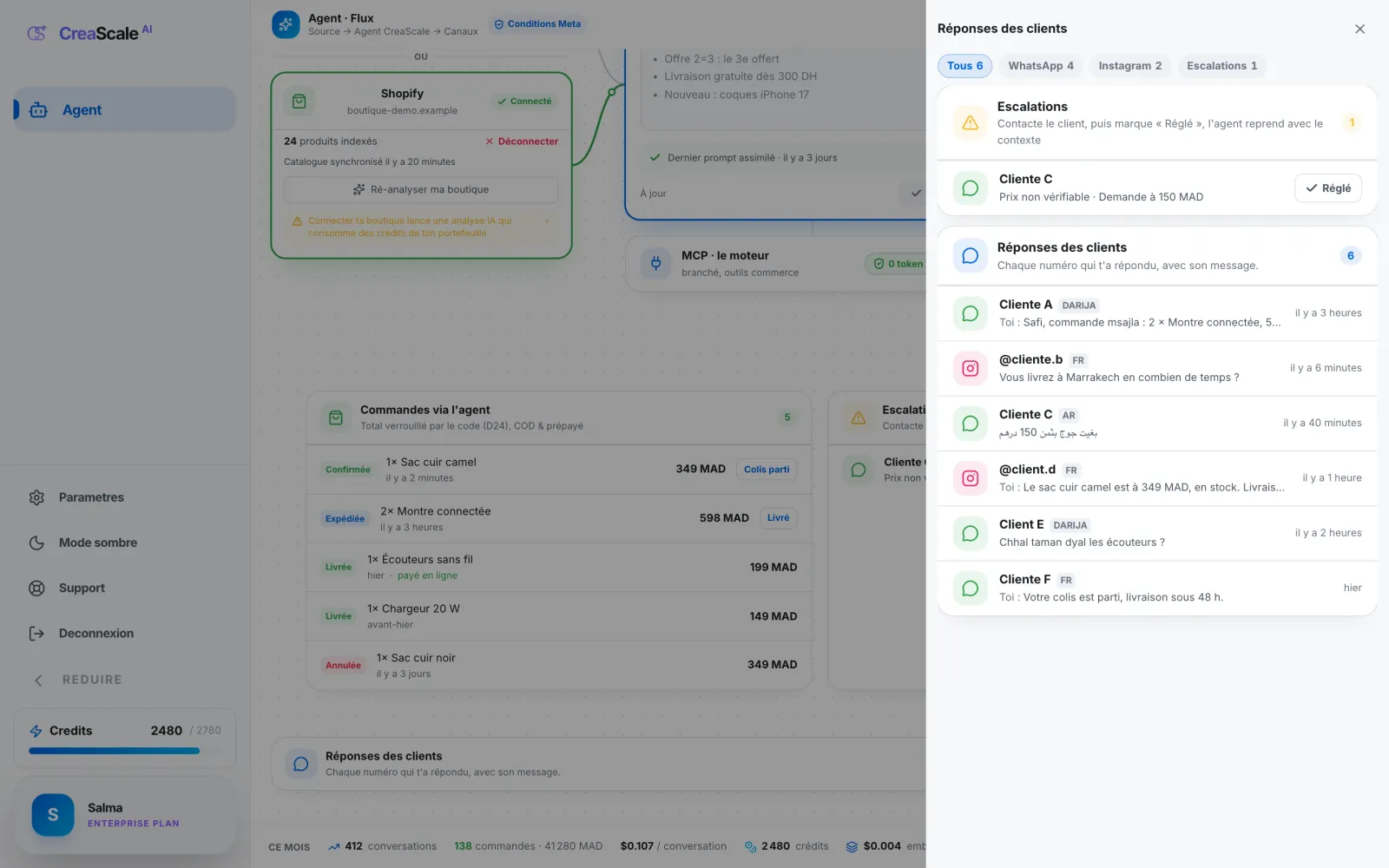 Customer inbox, demo data: the escalation the agent handed over, then WhatsApp and Instagram threads, each tagged with its language.