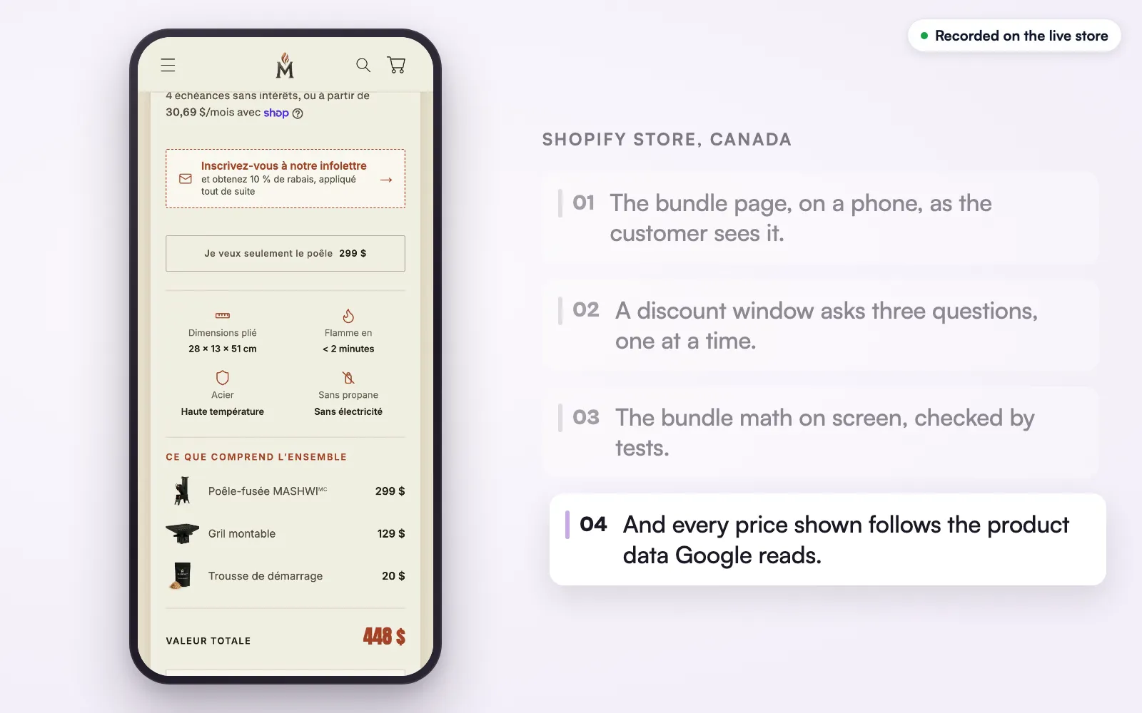 The live store on a phone: the product specs and what the bundle contains, each item with its price, then the total value.