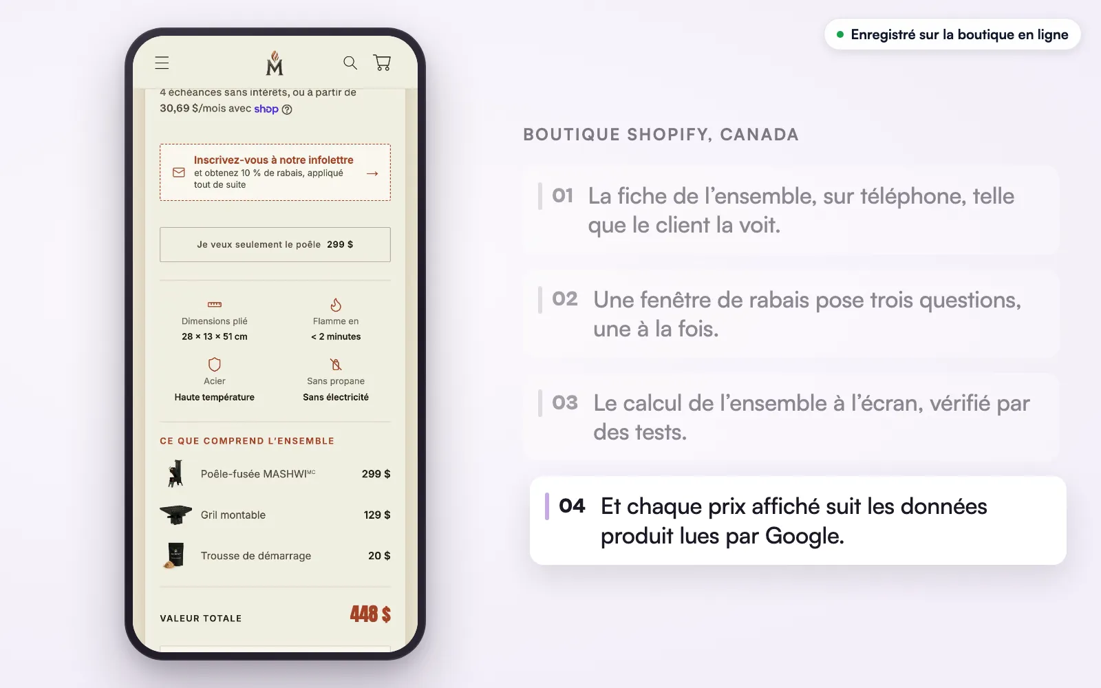 La boutique en ligne sur téléphone : les caractéristiques du produit et ce que comprend l’ensemble, chaque article avec son prix, puis la valeur totale.