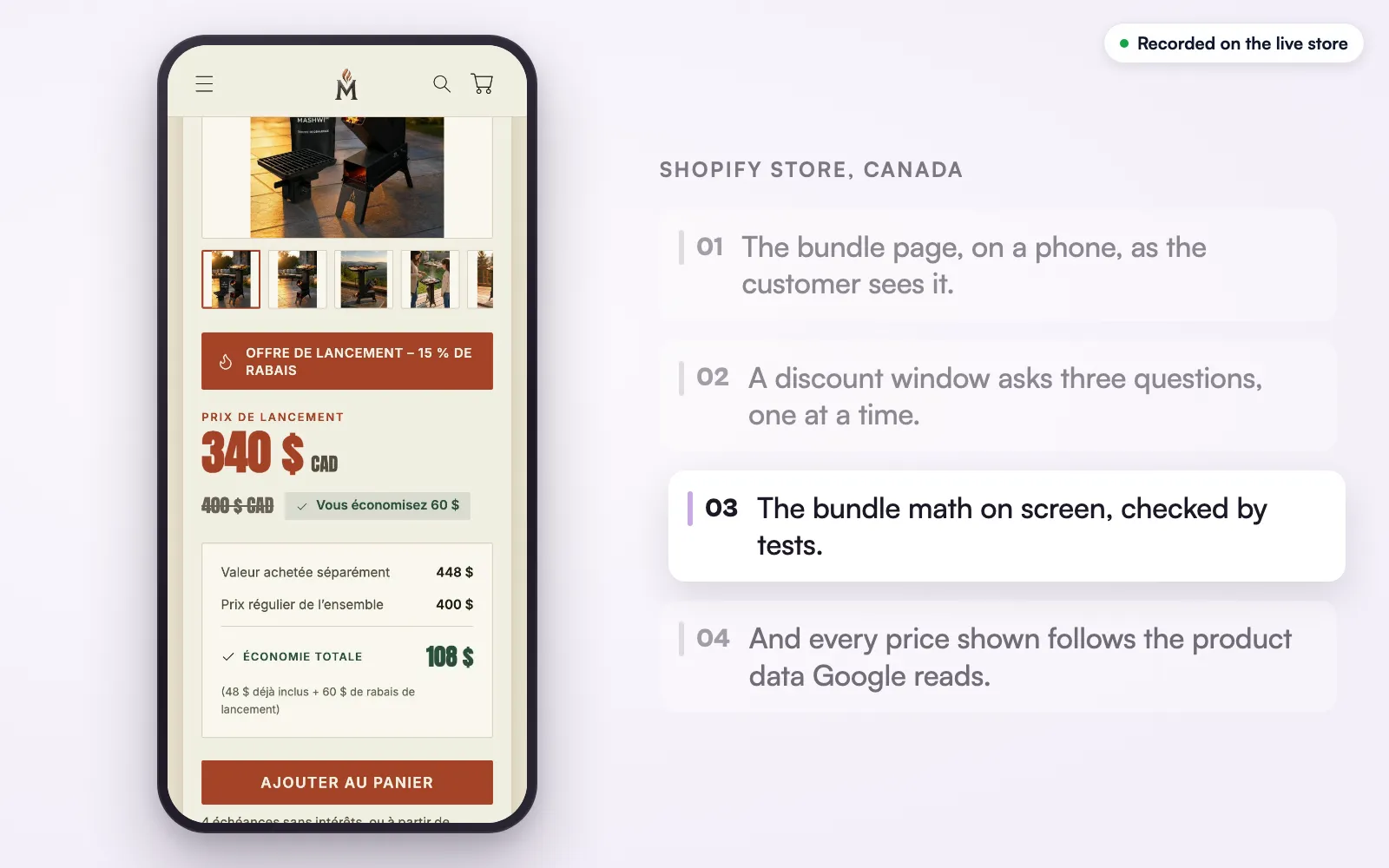 The live store on a phone: launch price, value bought separately, regular bundle price and total savings, then the add-to-cart button.