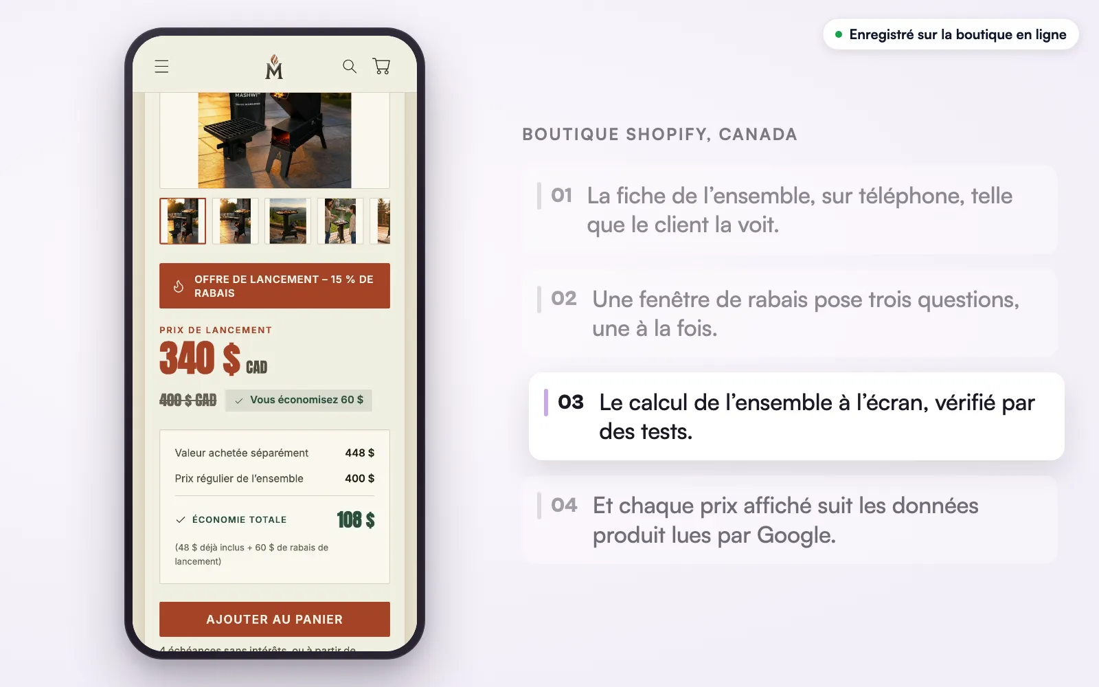 La boutique en ligne sur téléphone : prix de lancement, valeur achetée séparément, prix régulier de l’ensemble et économie totale, puis le bouton d’ajout au panier.