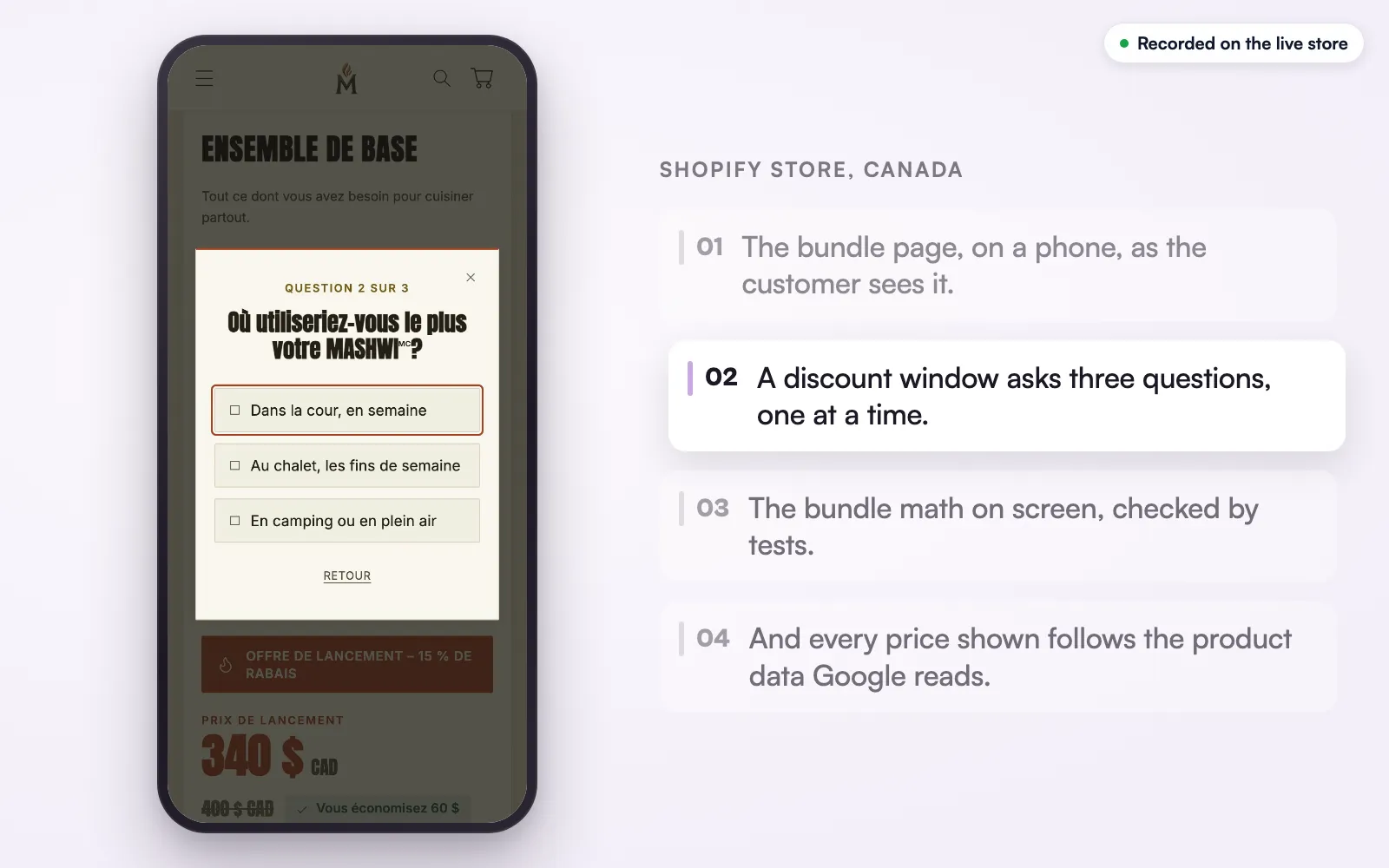 The live store on a phone: the discount window, question 2 of 3, “Where would you use it most?”, with three answers to tap.