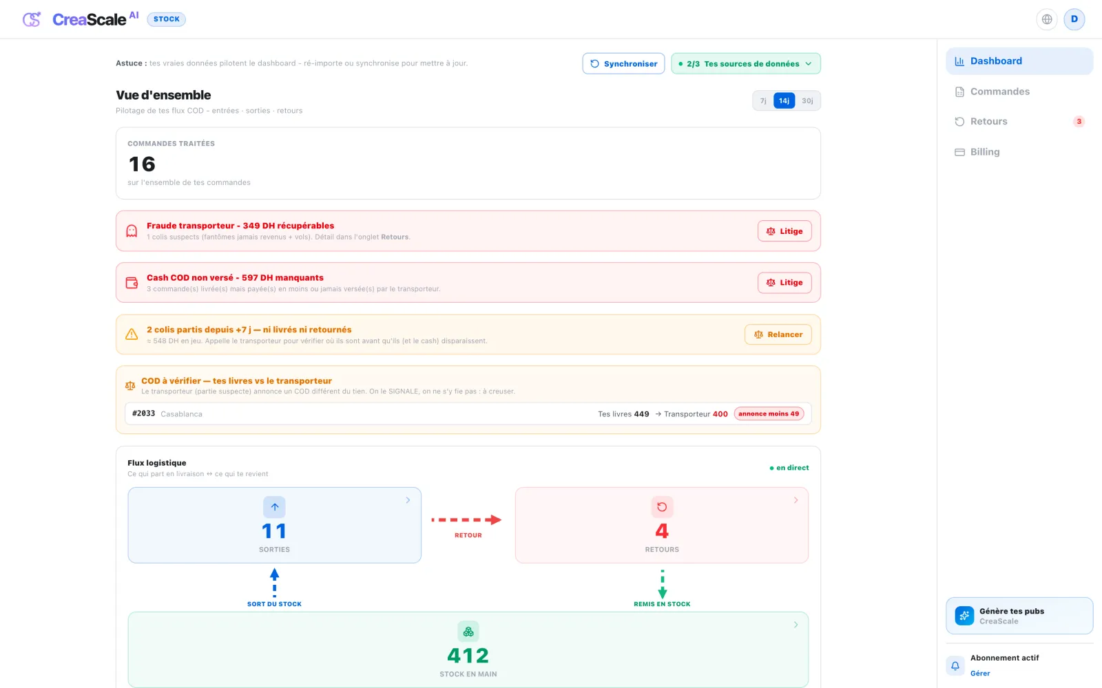 Dashboard, demo data: cash not paid out by the carrier, parcels out for more than seven days, and a carrier-declared amount that differs from the books.