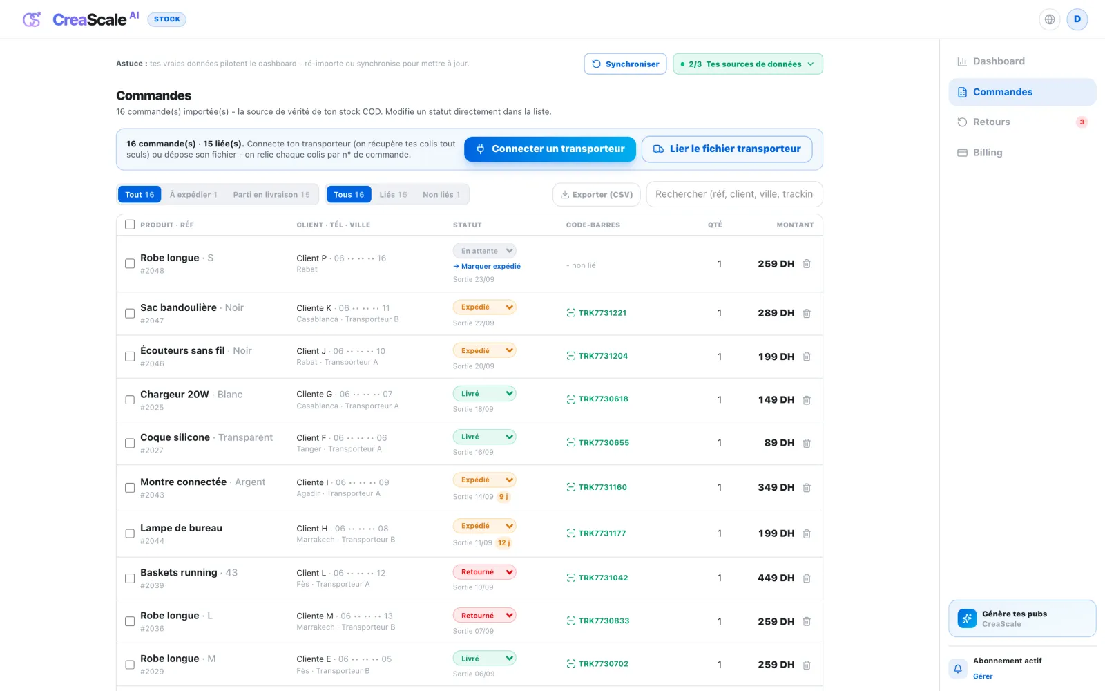 Orders list, demo data: each order with its status, the carrier and the tracking number of the parcel it is matched to.