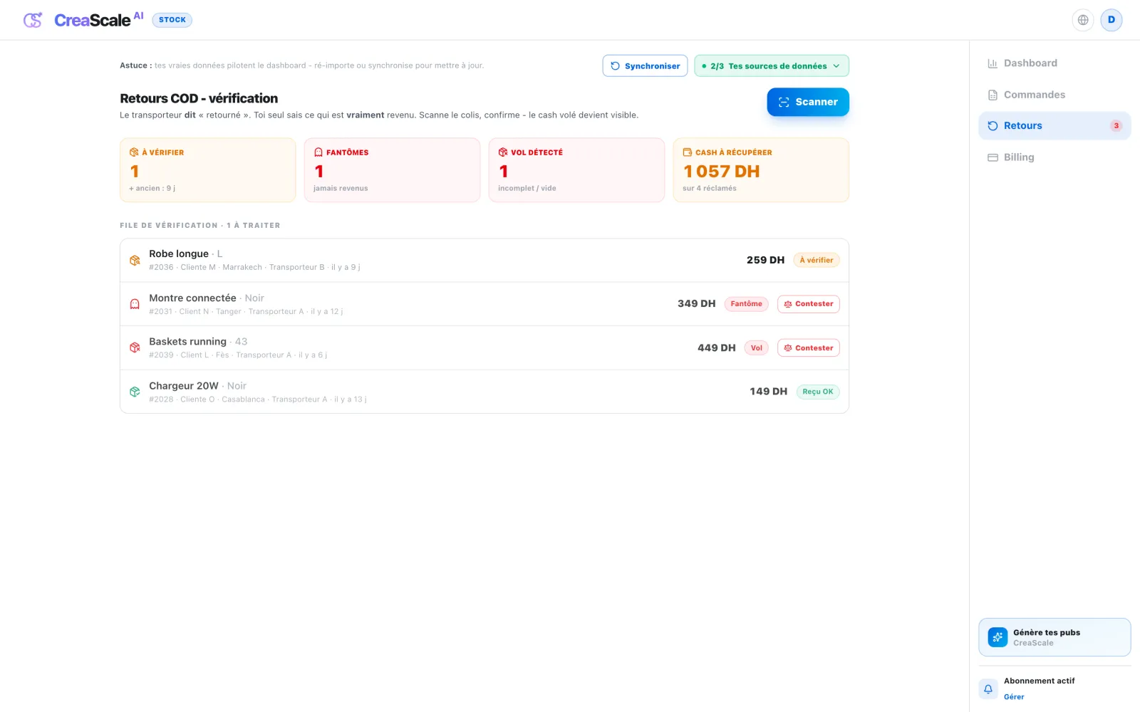 Returns check, demo data: parcels the carrier declared returned, one scanned and found empty, and the cash to recover.
