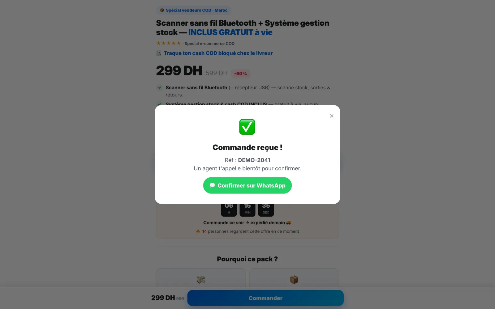 The confirmation, demo data: the order reference returned by the server and the WhatsApp button.