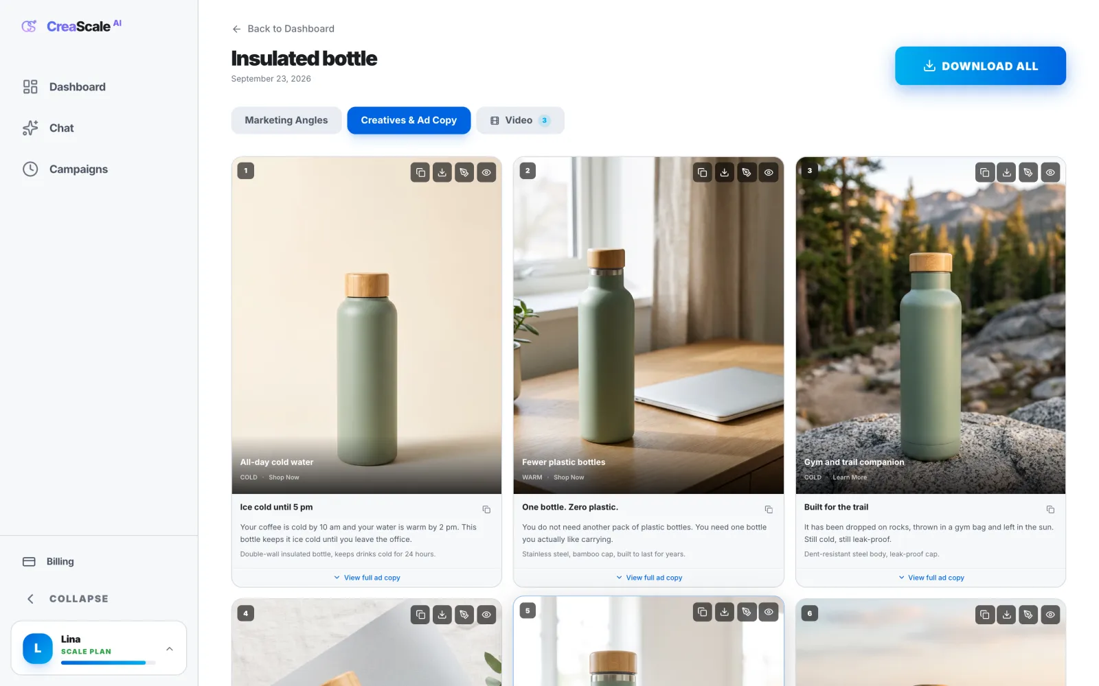 Creatives and ad copy, demo data: one image per angle with its headline, primary text and description, and a Download All button.
