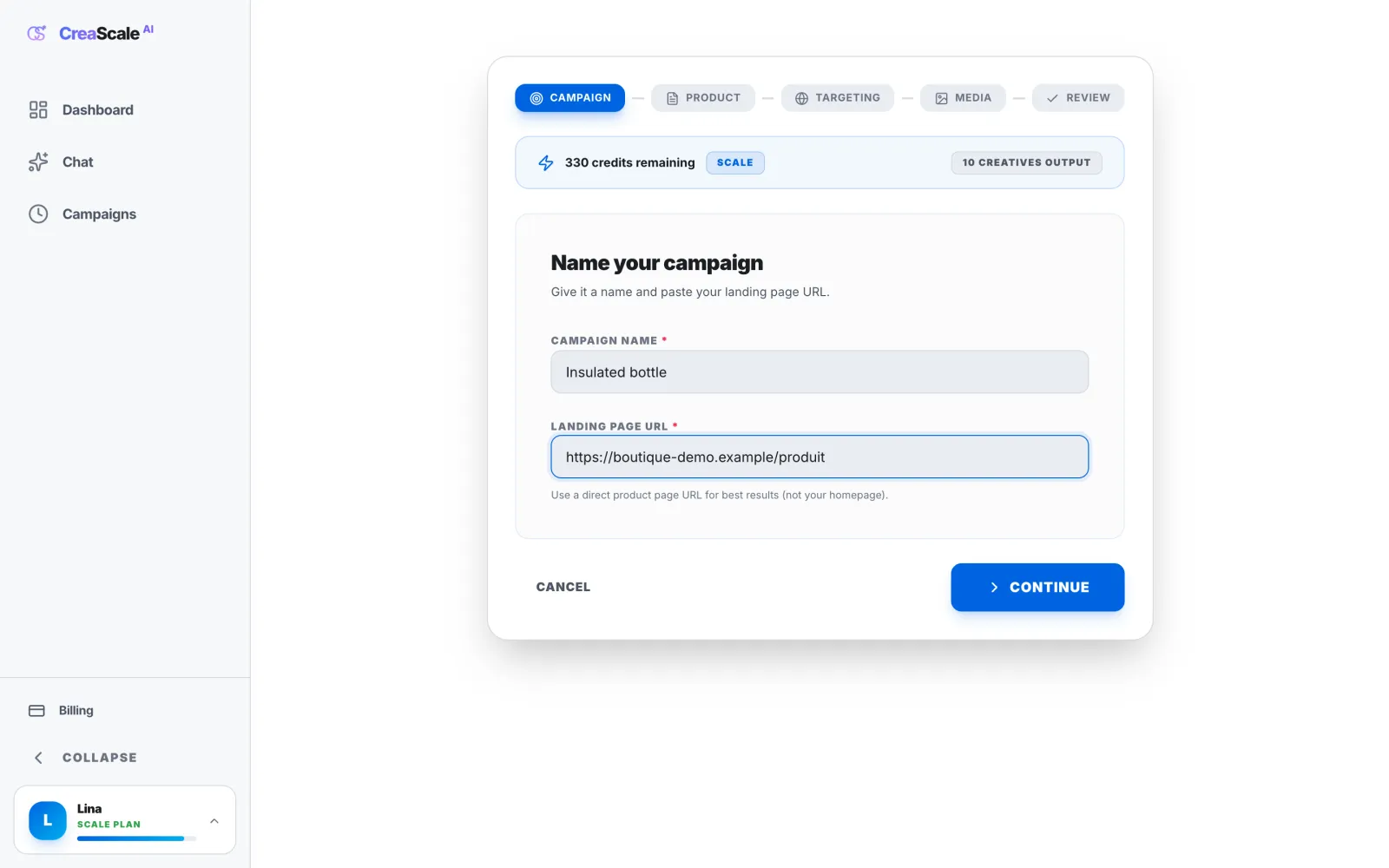 Campaign generator, demo data: a campaign name and a product page link pasted in, the plan’s credits and creatives count above.