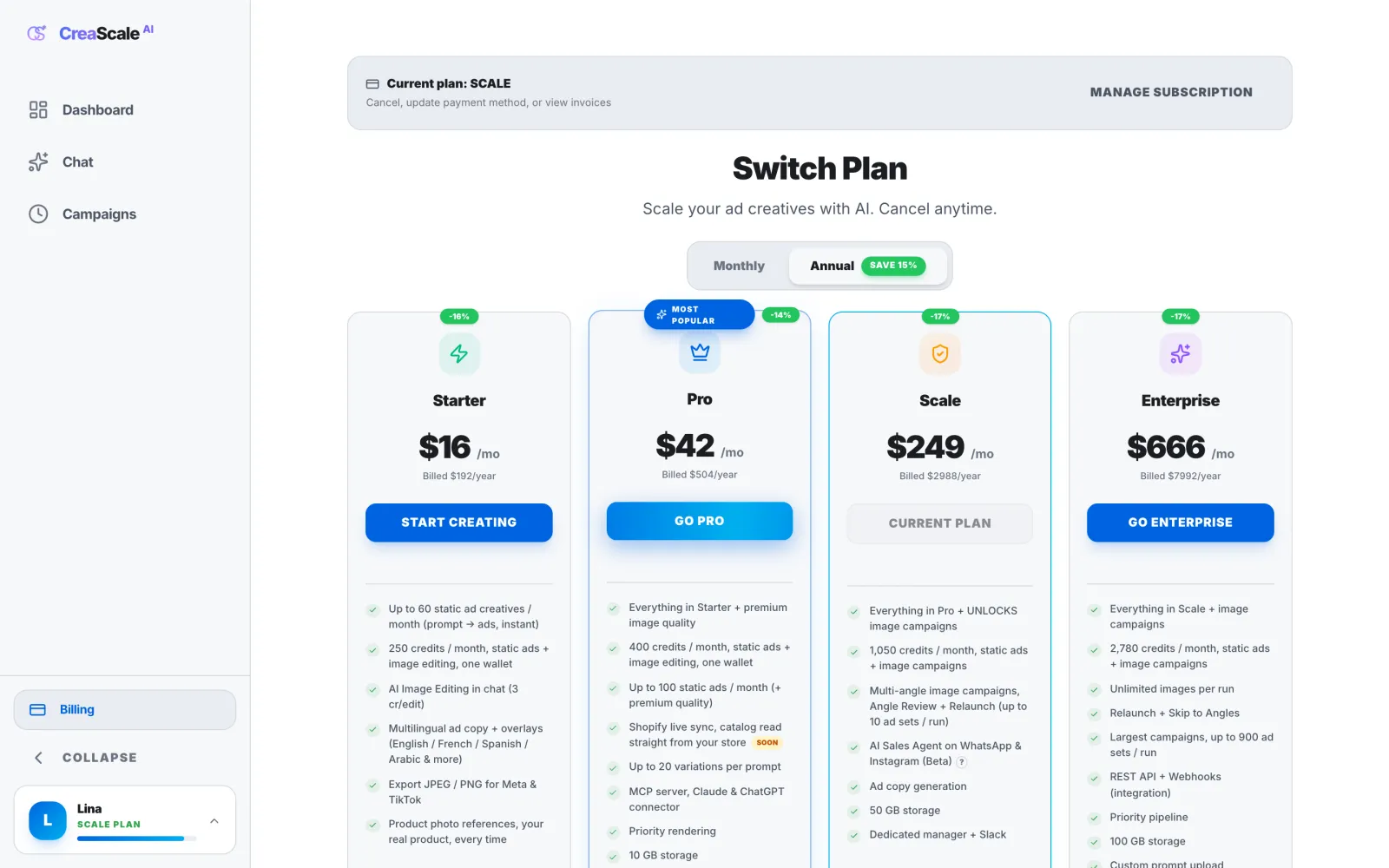 Plans page of the platform, demo data: the current plan, the billing cycle and the four plans with what each includes.