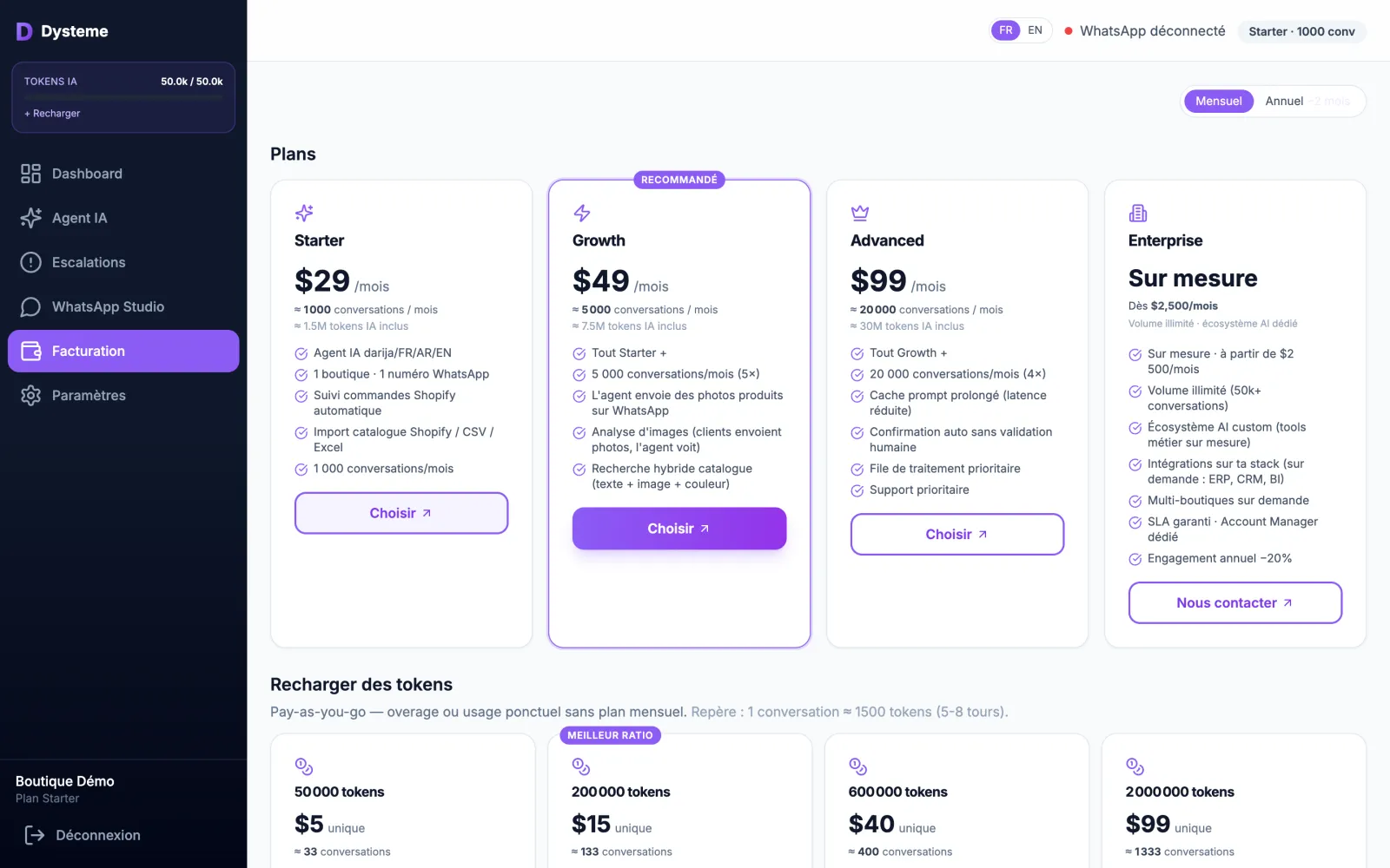 The billing page once the plan is paid, demo data: AI token bar and unlocked sections in the sidebar, plan badge in the header.