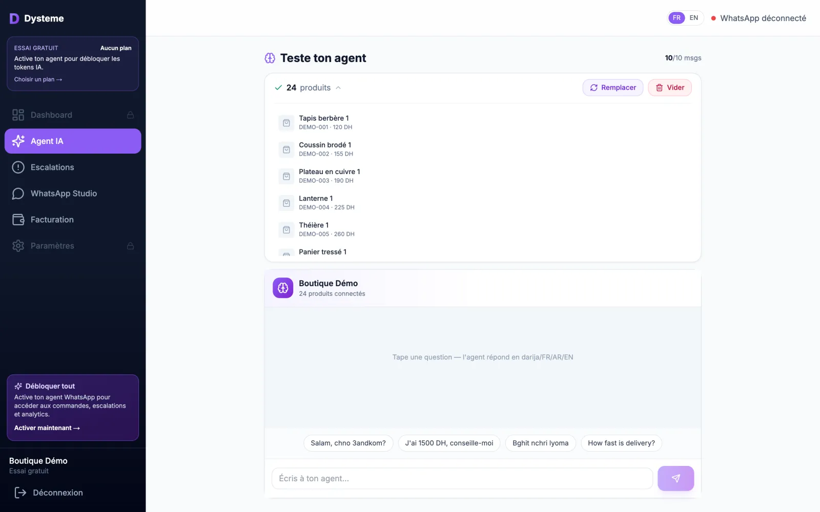 The agent sandbox once the Shopify store is connected, demo data: the imported products listed, account still on free trial.