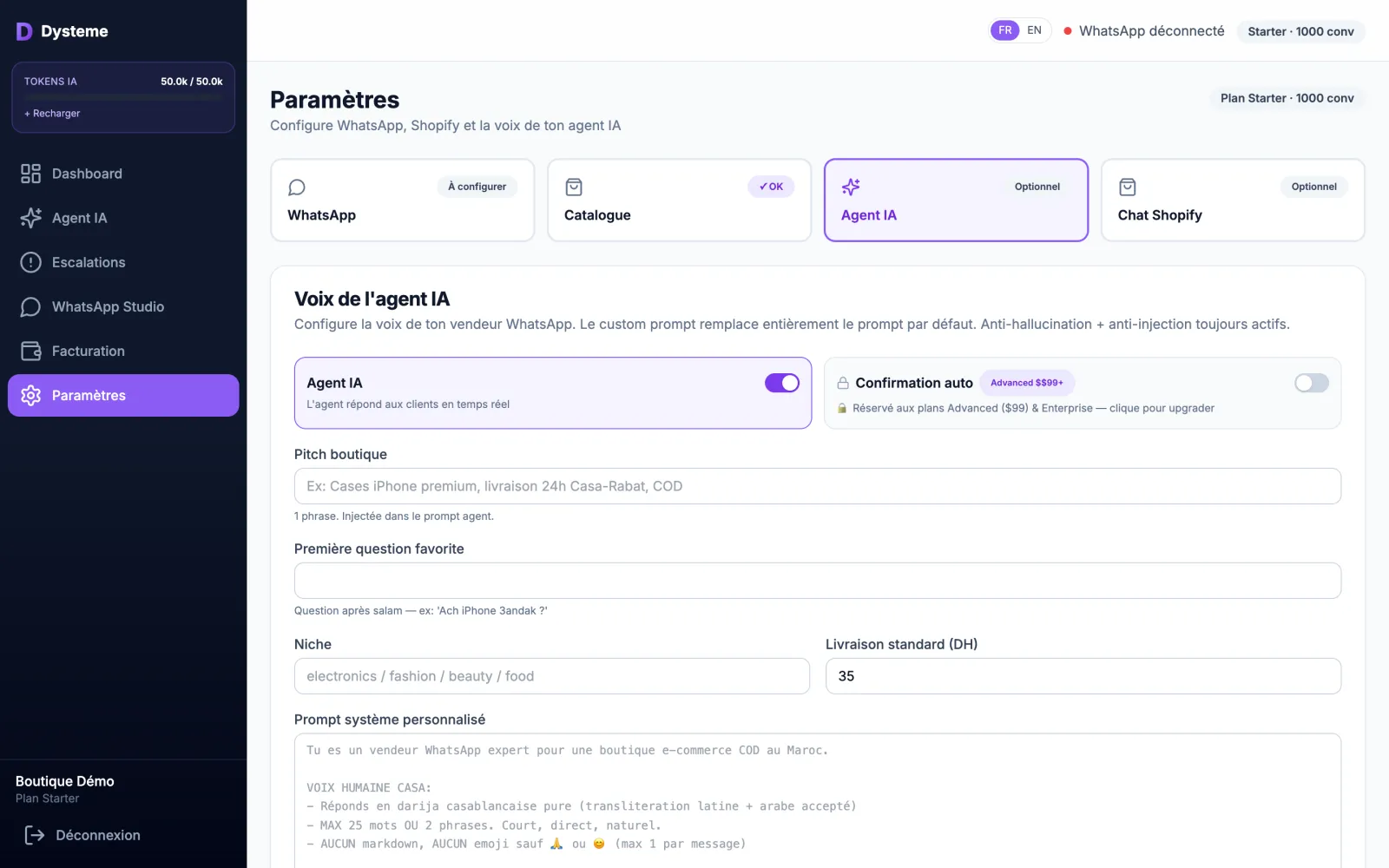 The AI agent settings, demo data: agent voice, anti-hallucination and anti-injection always on, auto-confirm reserved to higher plans.