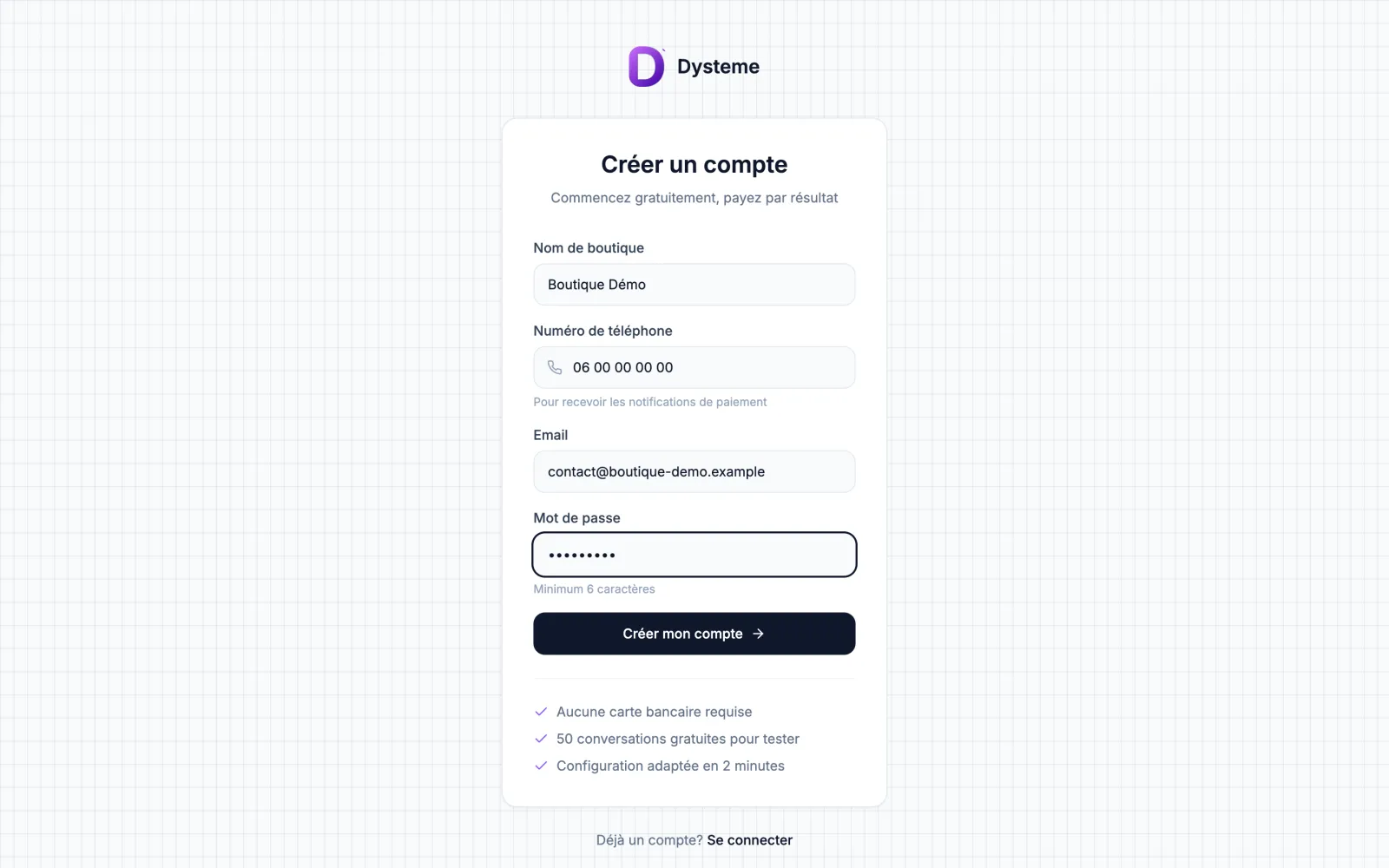 The sign-up form filled in, demo data: store name, phone, email and password, before the account is created.