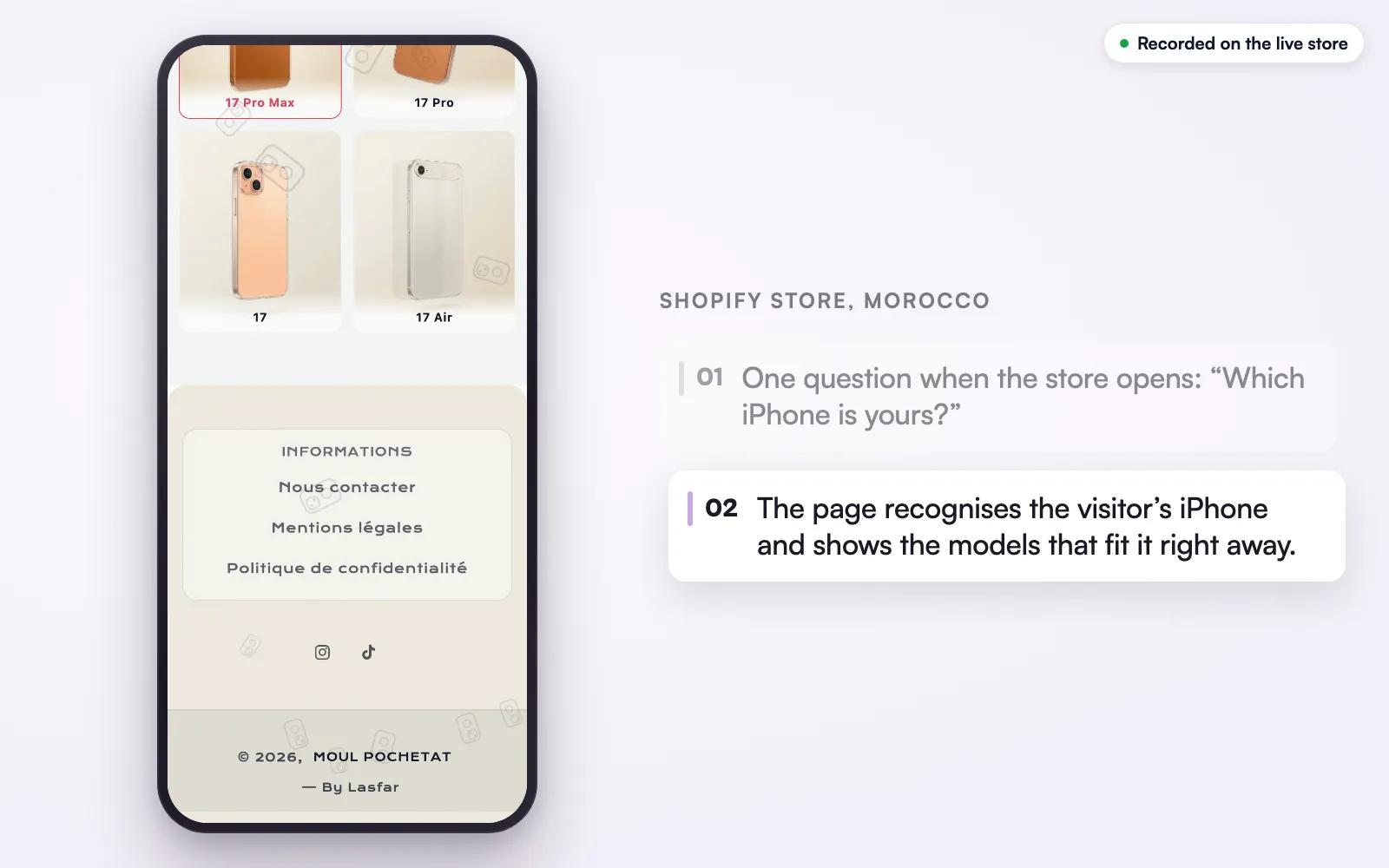 The live store on a phone: the models of the chosen generation as illustrated cards, then the store footer.