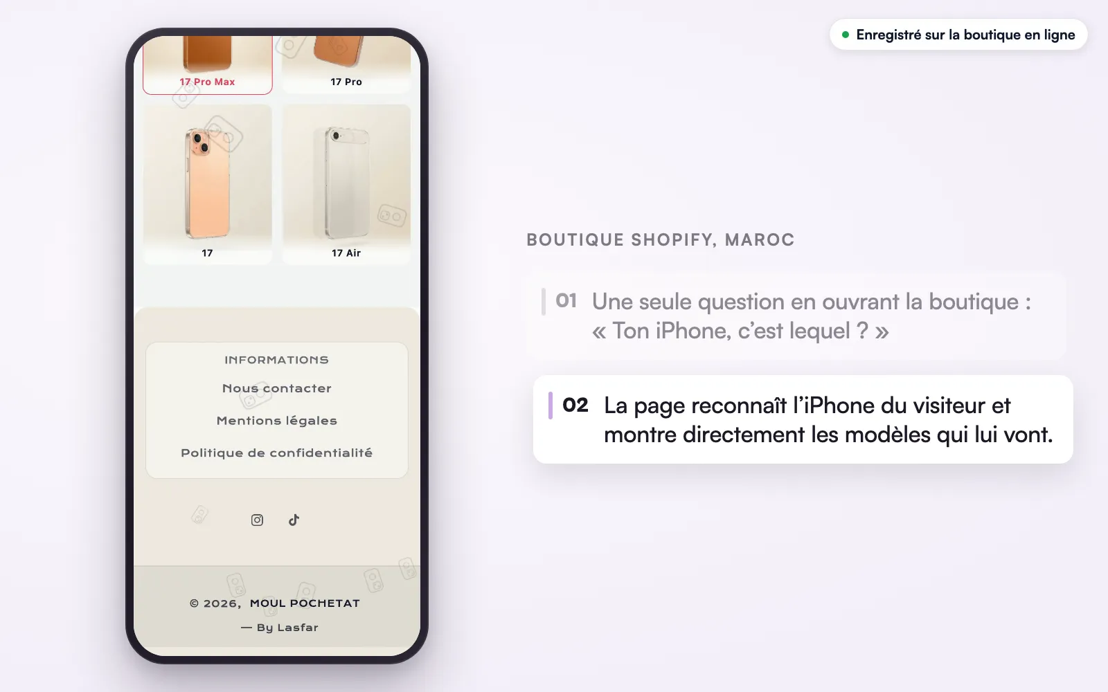 La boutique en ligne sur téléphone : les modèles de la génération choisie en cartes illustrées, puis le pied de page de la boutique.