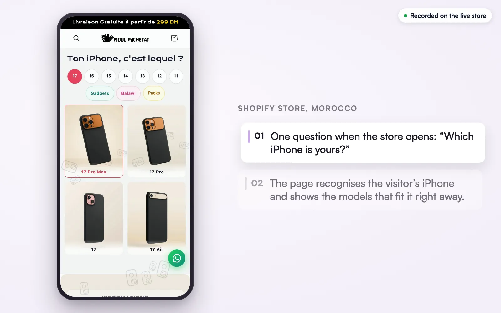 The live store on a phone: the home opens on “Which iPhone is yours?”, the generation buttons with the detected one highlighted, and the models below.