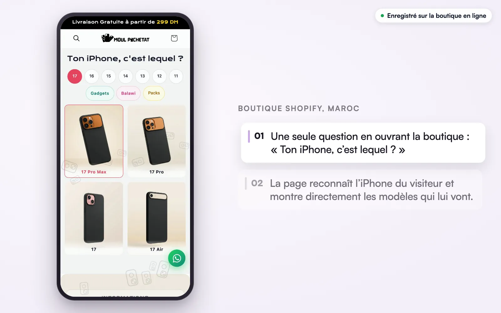 La boutique en ligne sur téléphone : l’accueil s’ouvre sur « Ton iPhone, c’est lequel ? », les boutons de génération avec celle détectée en surbrillance, et les modèles dessous.