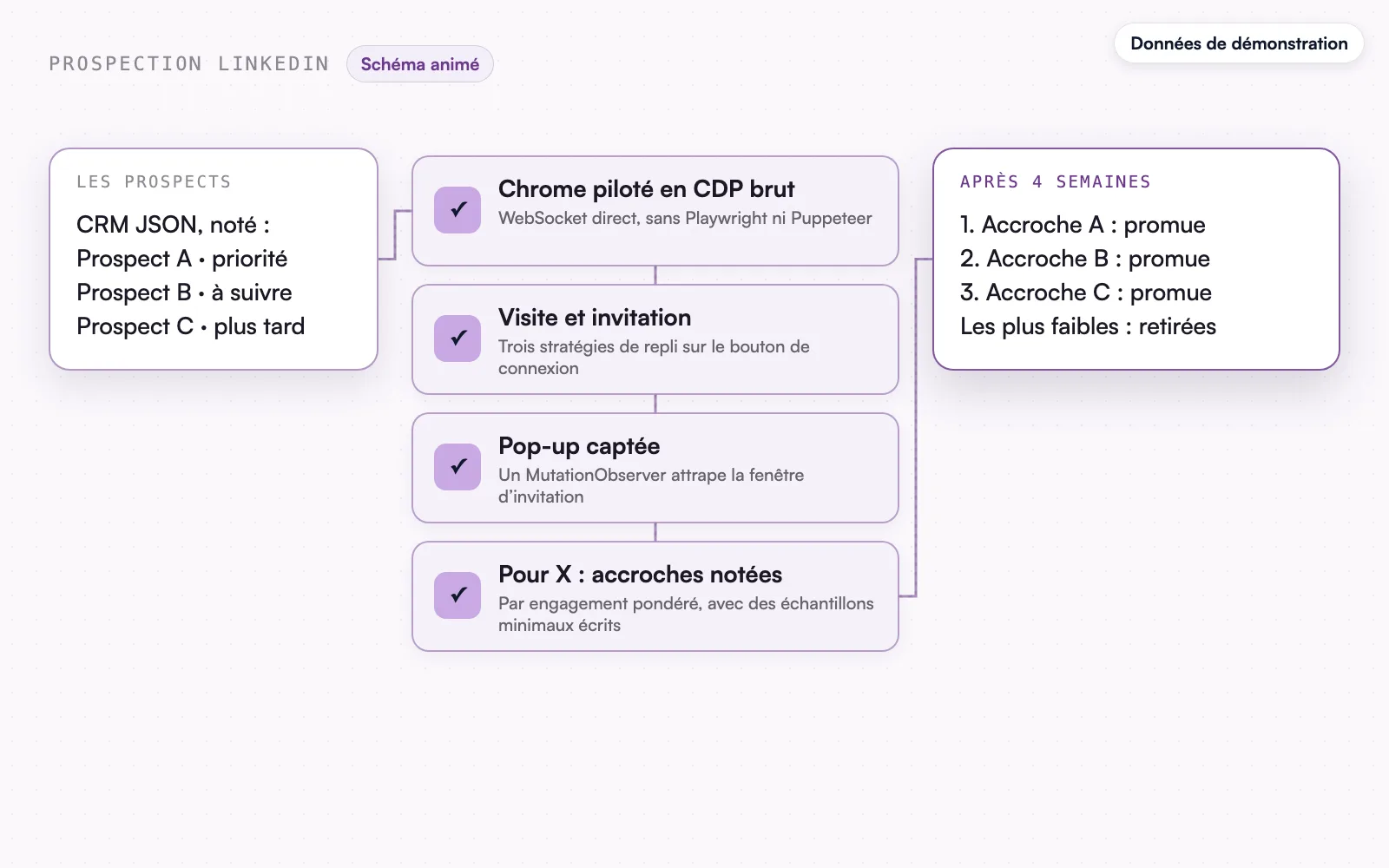 Le schéma animé, données de démonstration : les accroches promues après 4 semaines.