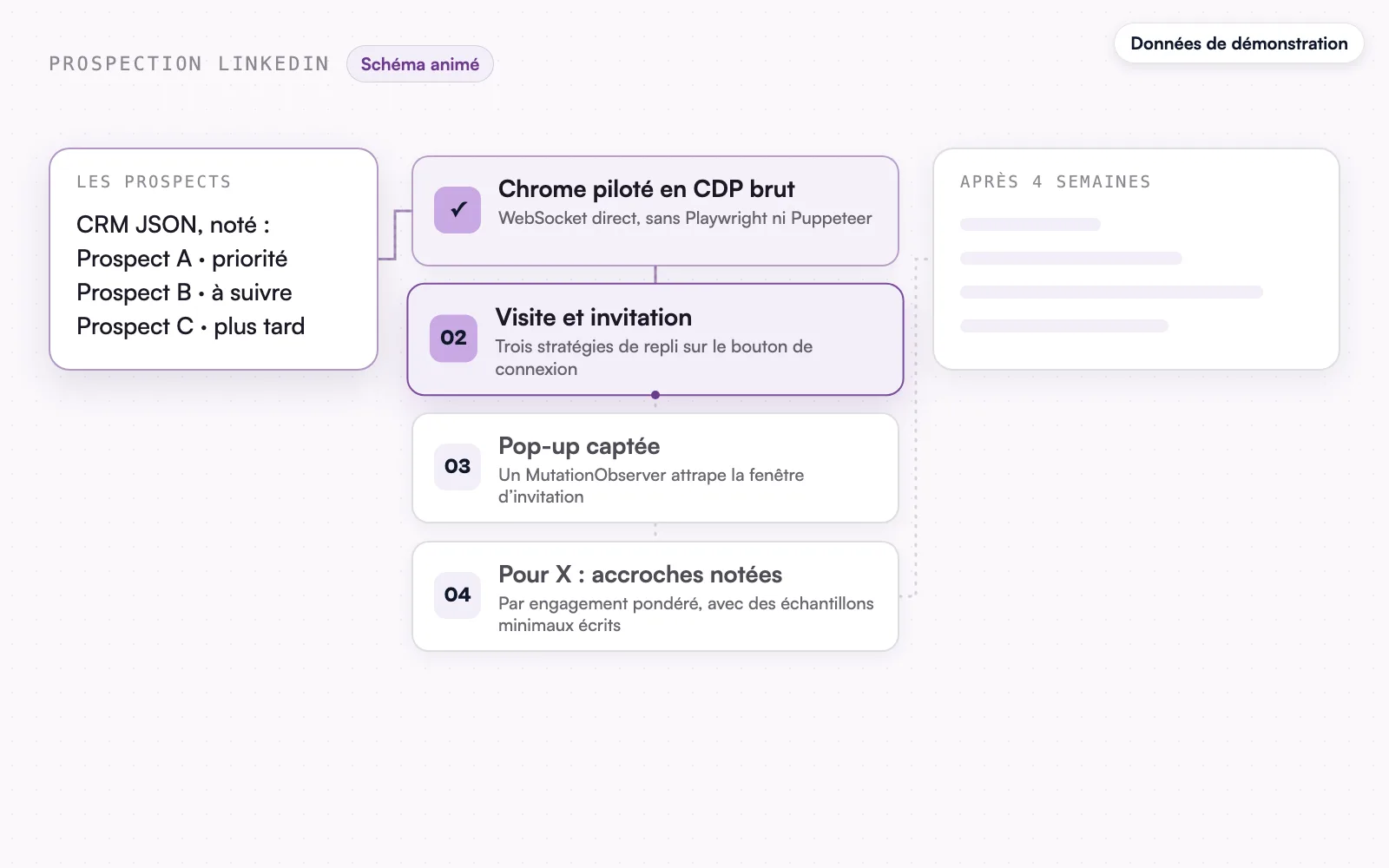 Le schéma animé, données de démonstration : les étapes dans le navigateur.