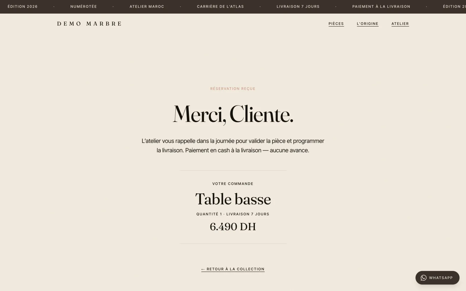 The thank-you page, demo data: the order received, the product, quantity, delivery time and total, with a link back to the collection.