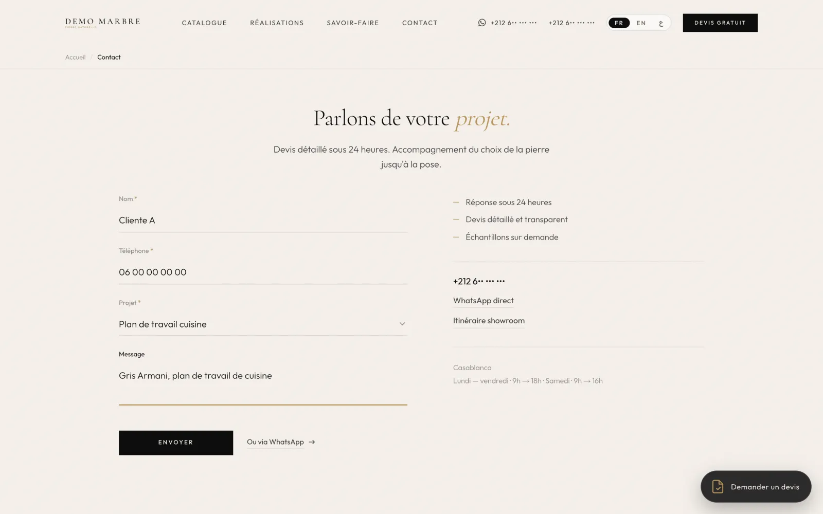 The quote form filled in, demo data: name, phone, project type and message, before sending.