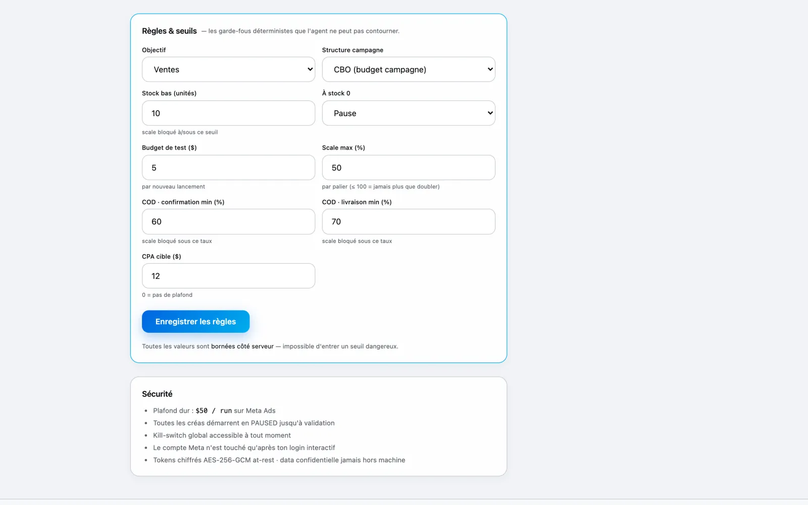 Settings on demo data: rules and thresholds the agent cannot bypass, hard budget cap per run, creatives paused, kill switch, tokens encrypted at rest.