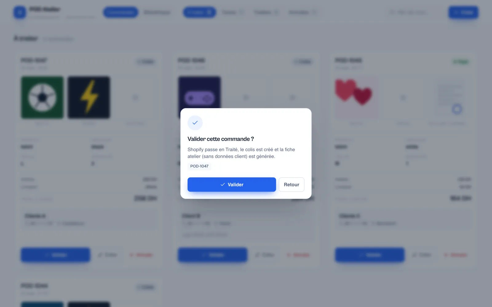 Approval dialog, demo data: Shopify is marked fulfilled, the parcel is created and the workshop sheet is generated without customer data.