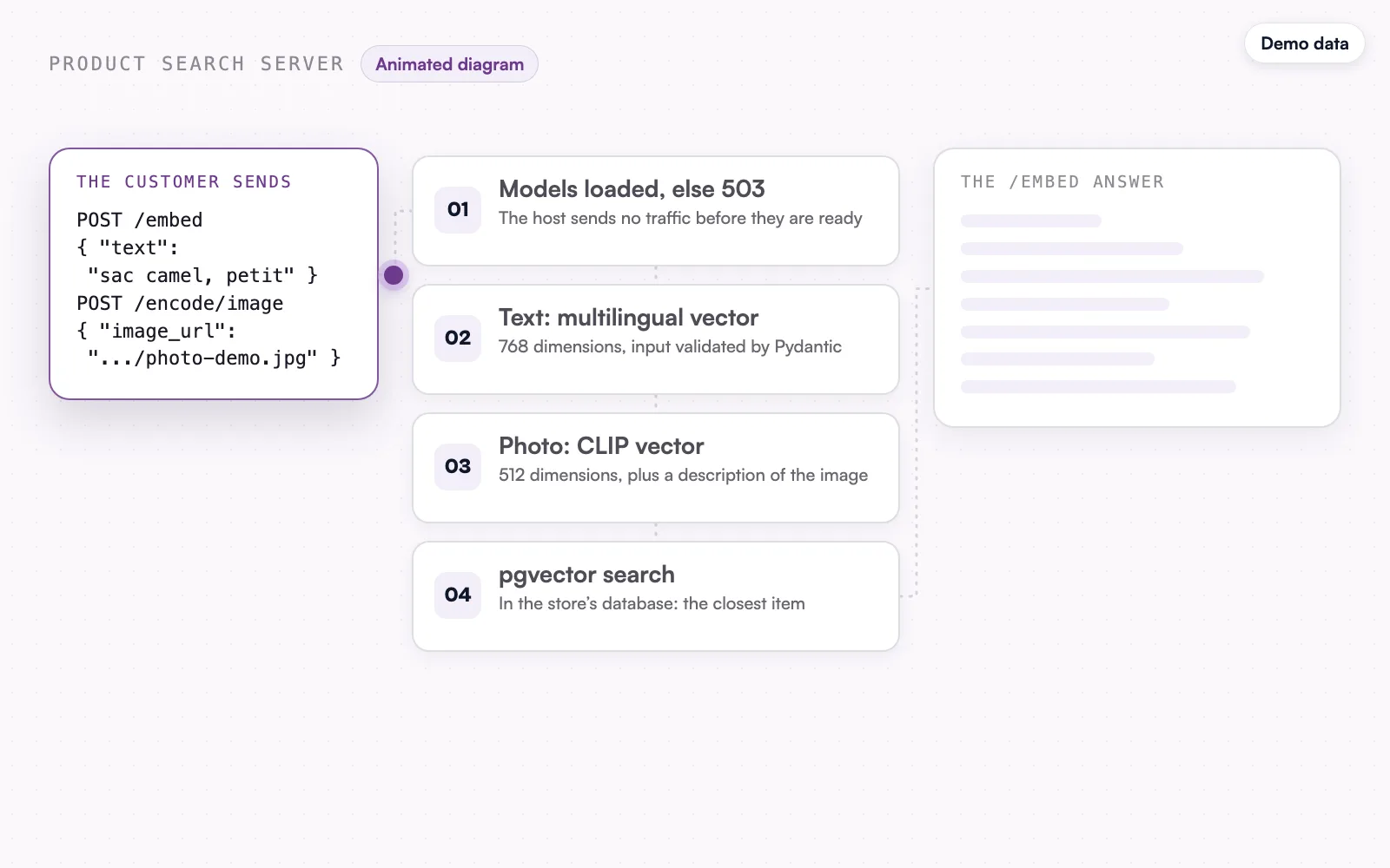 The animated diagram, demo data: the text and photo requests.