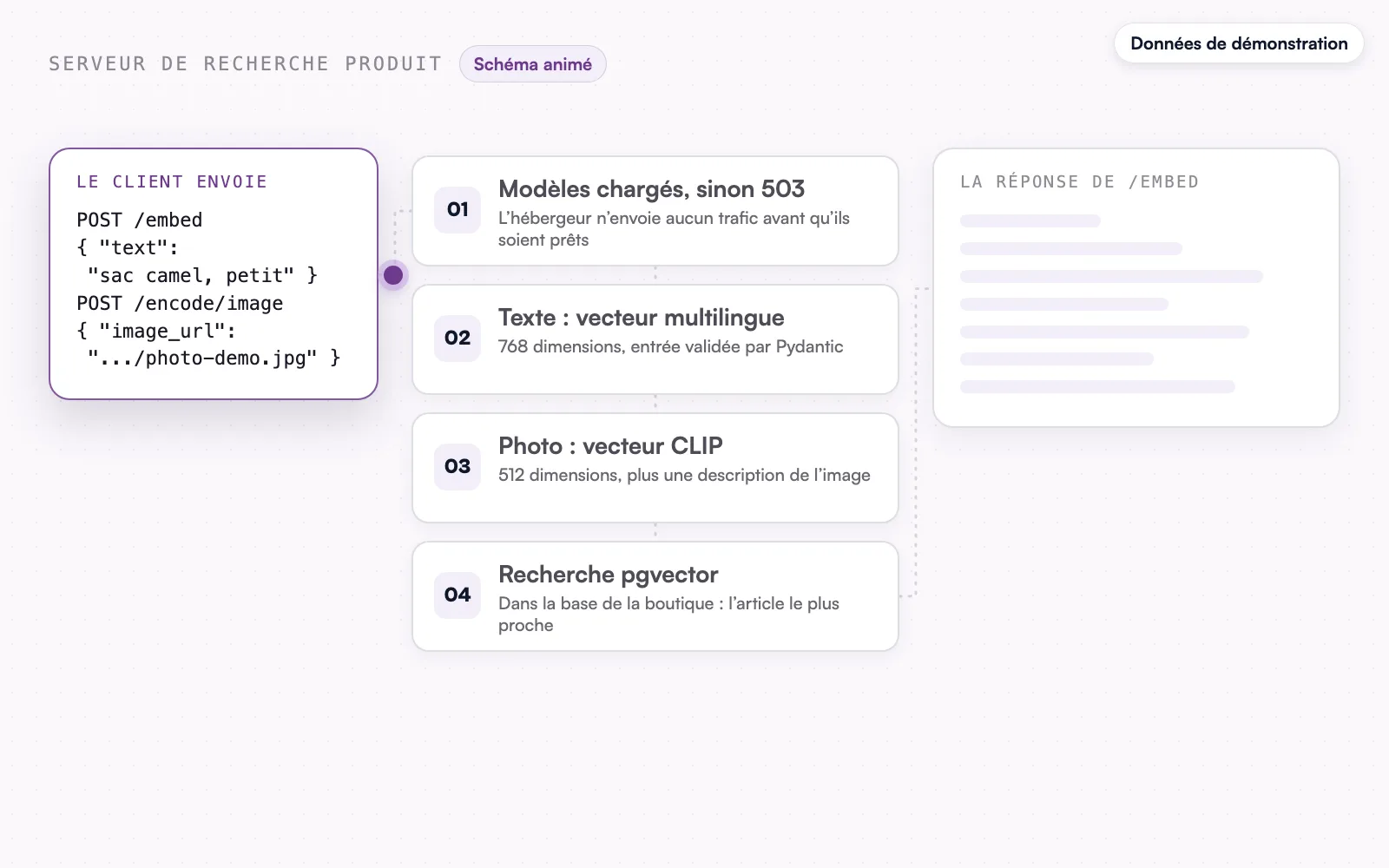 Le schéma animé, données de démonstration : les requêtes texte et photo.