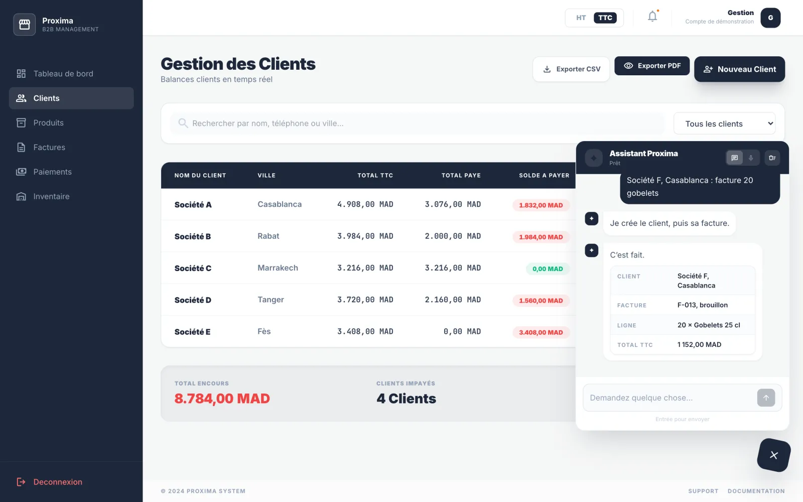 The assistant panel, demo data: a request typed in one line, the customer and the invoice it created, and, above, the confirmation it asked for before deleting a draft.