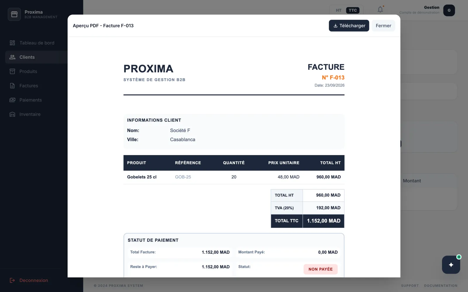 The invoice PDF preview, demo data: header, customer block, product line, totals before and after tax, and payment status.