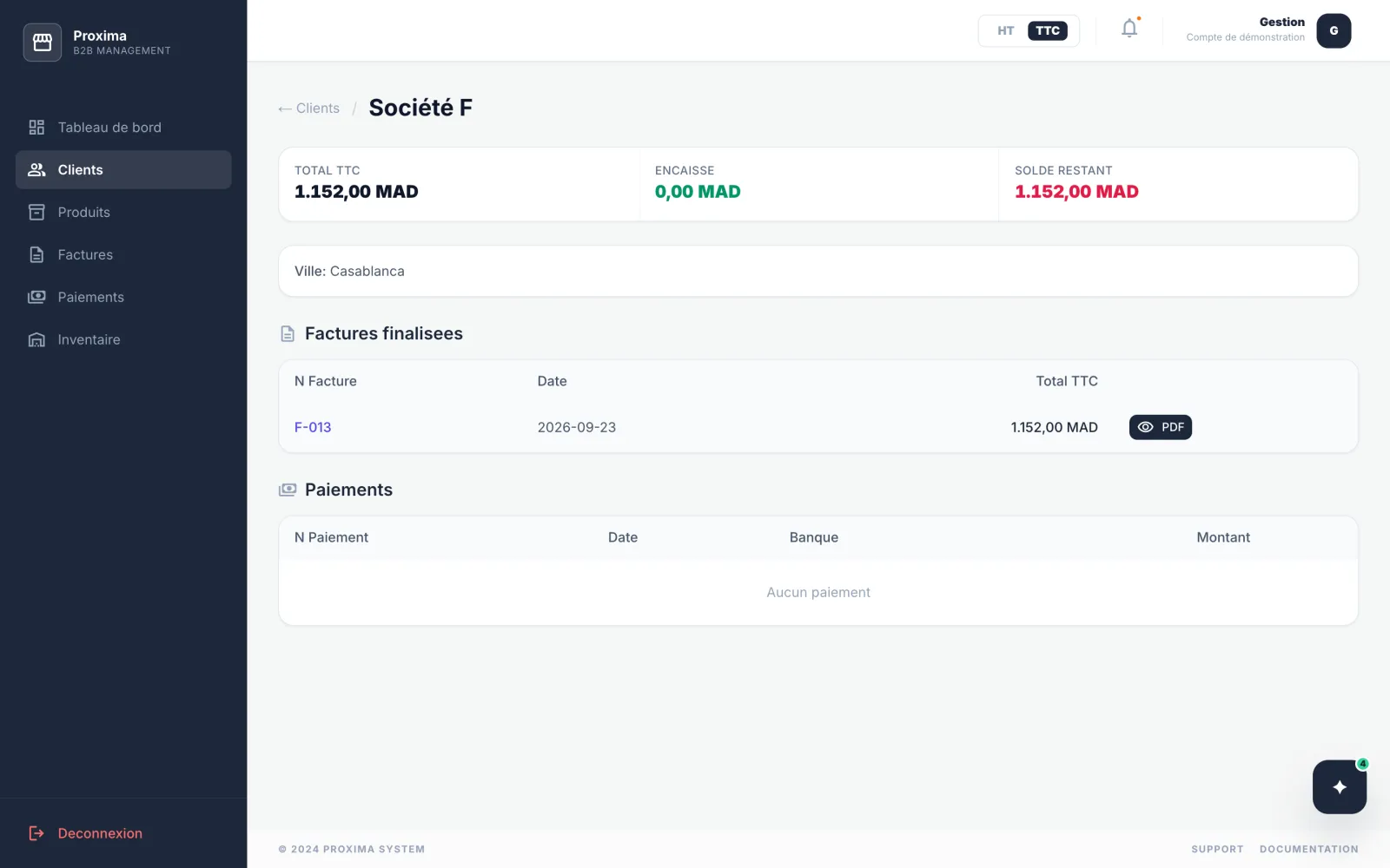 The customer record, demo data: total invoiced, amount collected, balance due, the finalized invoices with their PDF button, and the payments.