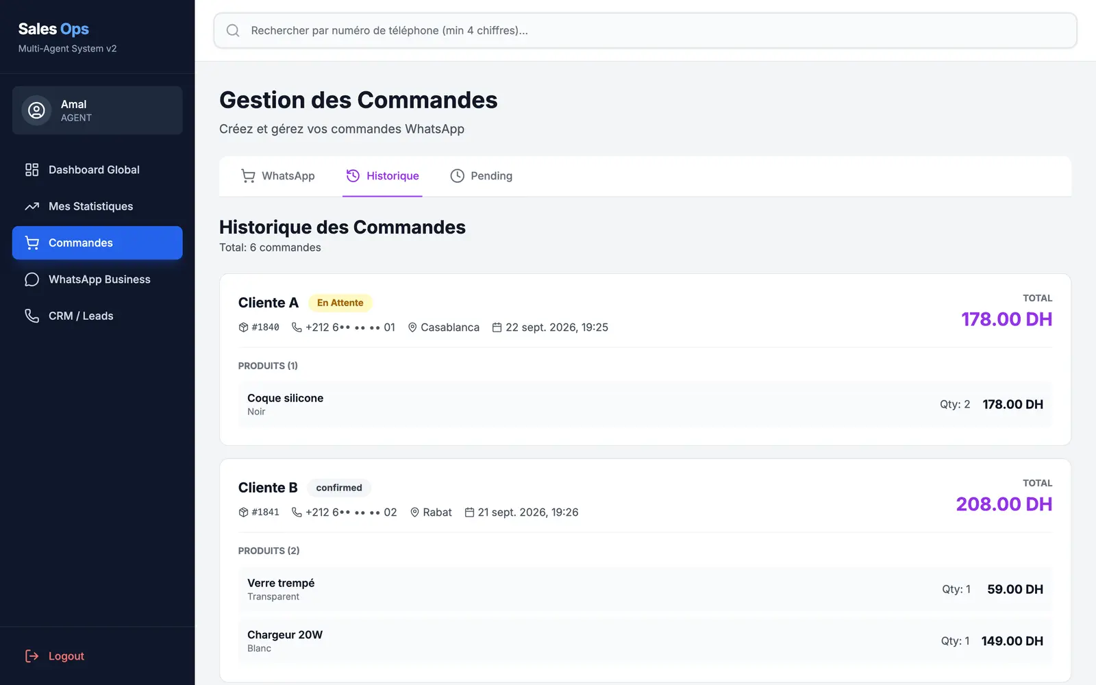 Order history, demo data: each order carries its status, its city, its products and its total.