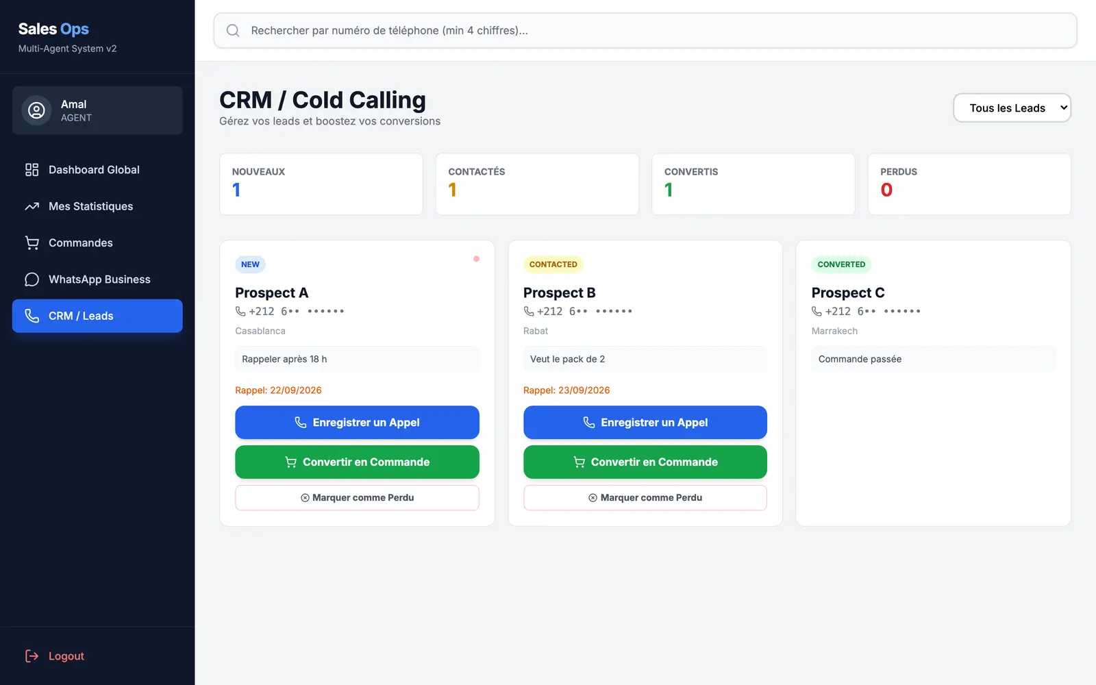 Cold-call follow-up, demo data: the counters by status, and each lead with its city, its note and its call-back date when one is set.