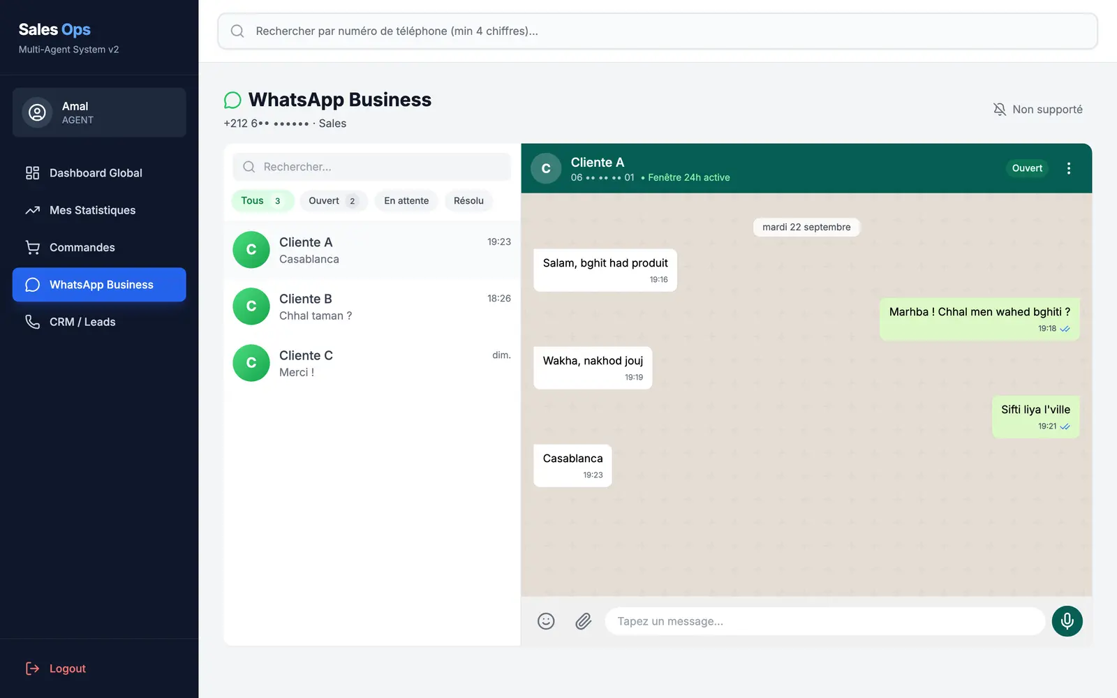 Shared WhatsApp inbox, demo data: the thread, the conversation status and whether the 24-hour WhatsApp window is open.