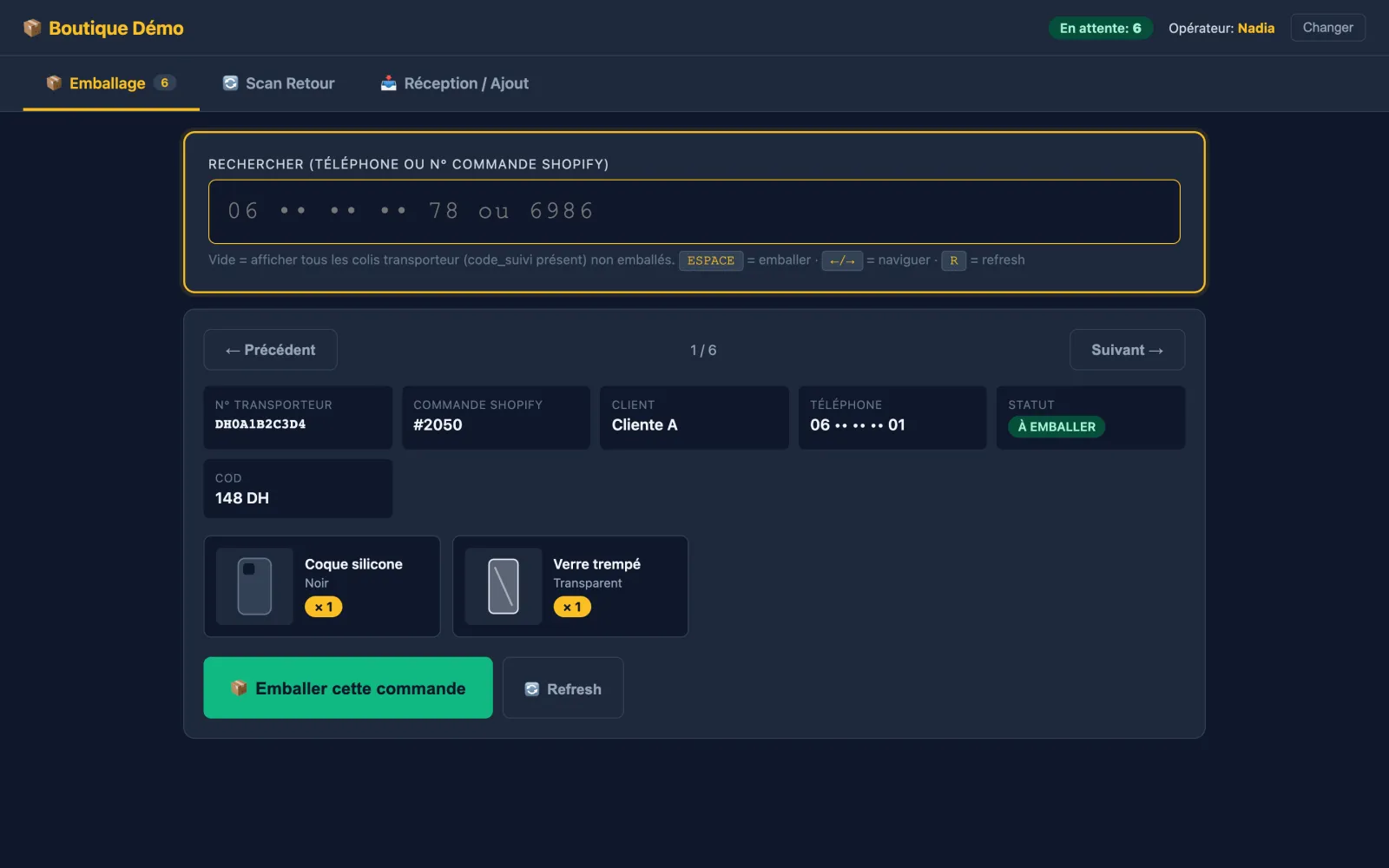 The packing tab, demo data: the next order to pack with its products, advanced with the space bar.