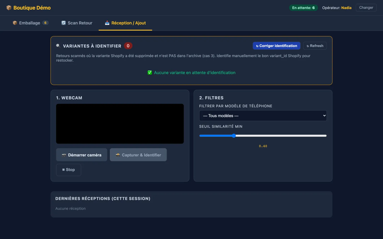The receiving tab, demo data: variants awaiting identification, the webcam panel and the catalogue filters.