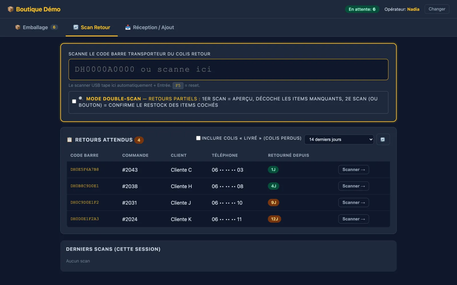 The returns tab, demo data: the barcode field the USB scanner types into, and the expected returns with how long ago each parcel came back.